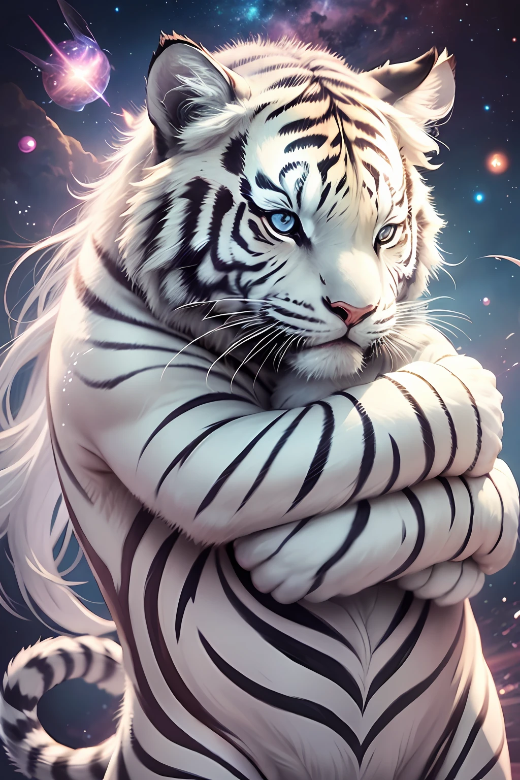 chibi, white tiger, fairy, kissing, mysterious, glowing, hugging, love, watching, embrace, best quality, good friend, celestial, universe, planet, gentle, powerful, halo, bright background --auto --s2