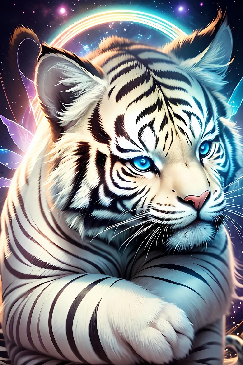 chibi, white tiger, fairy, kissing, mysterious, glowing, hugging, love, watching, embrace, best quality, good friend, celestial, universe, planet, gentle, powerful, halo, bright background --auto --s2
