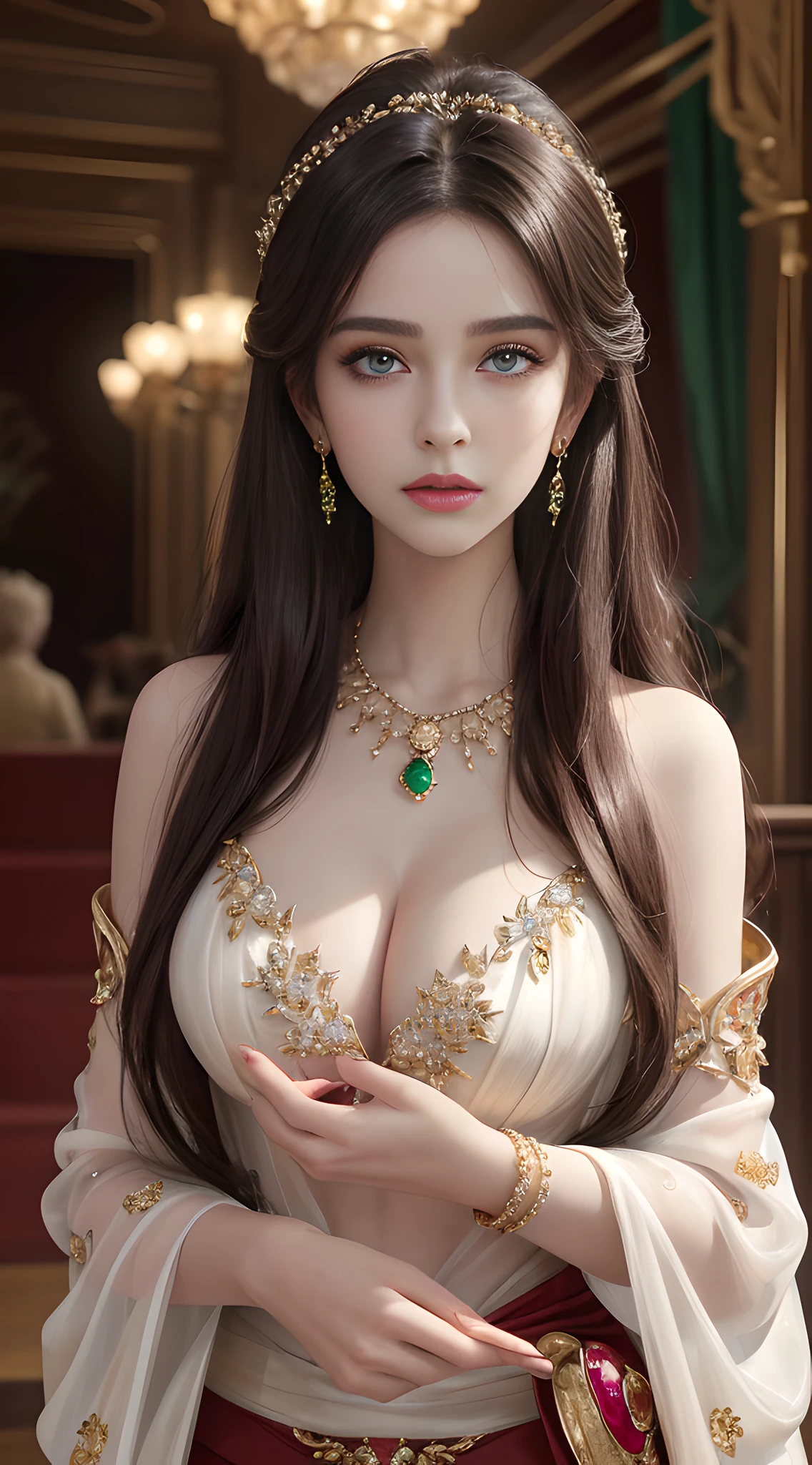 Ultra detailed, realistic, (1girl), full body, (detailed background), [(detailed face): 14], (detailed nose red), (huge chest), daylight detail, (high detail skin: 1.4), pale skin, (dark eye detail: 1.4), (big eyes), high detail, {best quality}, {{masterpiece}, {high detail}, original, very detailed 8K wallpaper, masterpiece, best quality, illustration, fine detail eyes, cinematic lighting, ultra-realistic 8k cg, picture perfect face, flawless, clean, masterpiece, professional artwork, famous artwork, movie lights, movie bloom, perfect face, beautiful face, beautiful eyes, fantasy, dreamy, unreal, sci-fi, huge breasts, beautiful clothes, ridiculously long hair, very long hair, (rich: 1.4), prestige, luxury, jewelry, diamonds, gold, pearls, precious stones, sapphires, rubies, emeralds, intricate details, delicate patterns, charming, seductive, seductive, erotic, enchanting, Hair accessories, necklaces, earrings, bracelets, armbands,
