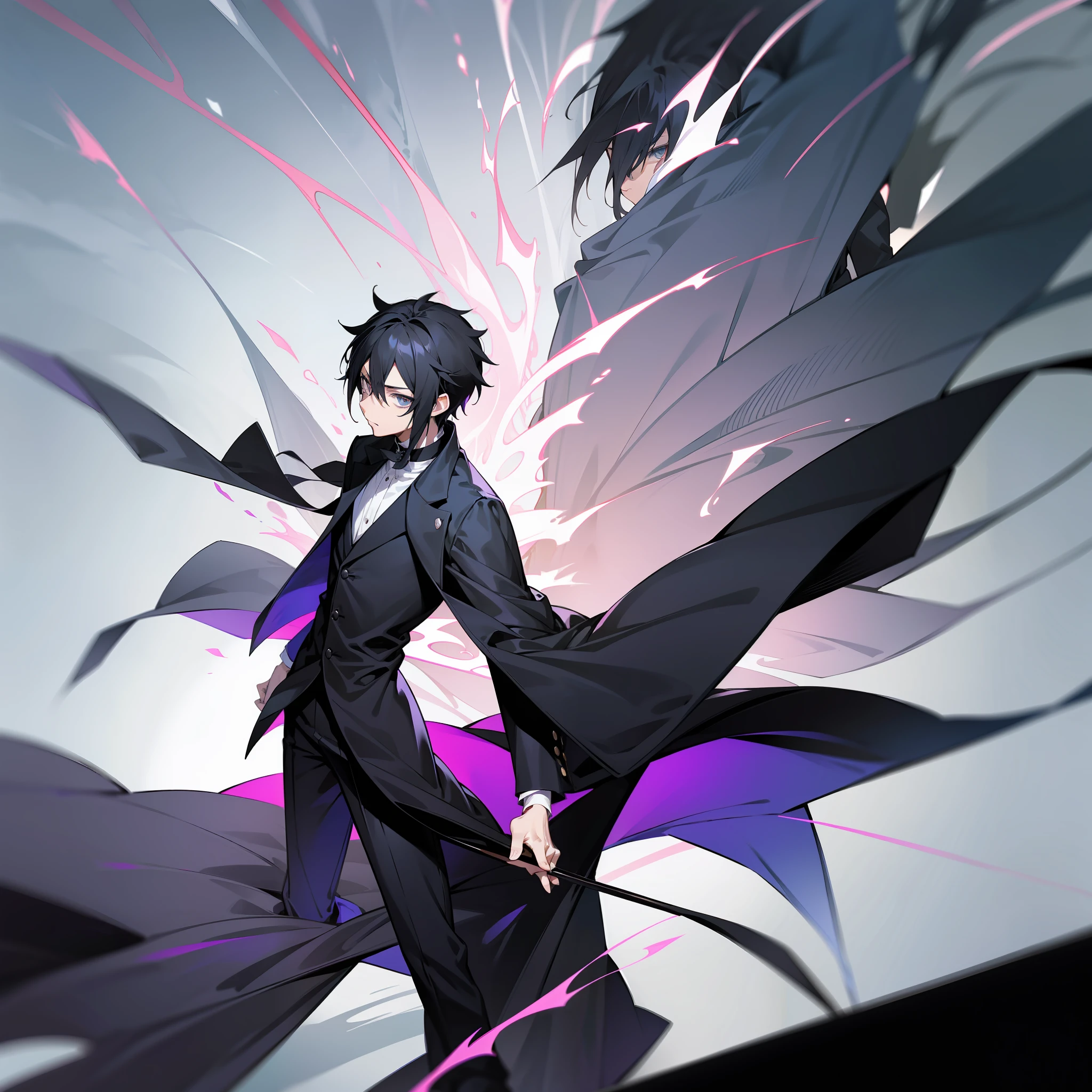 anime boy in black and white outfit with black hair and black pants, kirito, inspired by Okumura Masanobu, single character full body, sebastian michaelis, ( ( wearing a long coat ) ), full body single character, black - haired mage, wearing a black noble suit, okata kazuto, hana yata