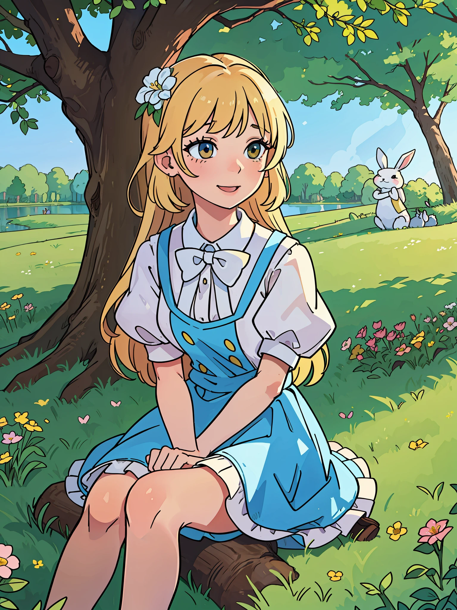 5 Rabbits, in an open field, full of trees, and a lake in the center, full of flowers, bouncing around, cute and emotional portrait, 1 blonde girl, alice of wonderland clothes, sitting on the grass, leaning on a tree, watching the rabbits, with a happy expression (best quality) (8k) (best rendering) (masterpiece)