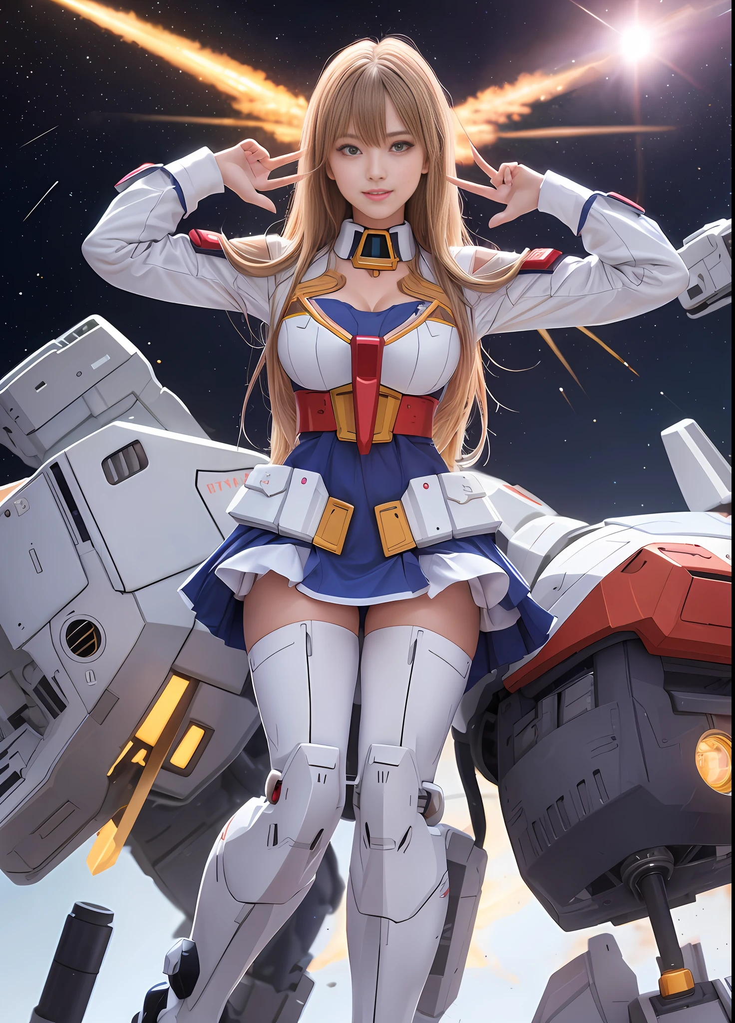 (top quality), (masterpiece), nsfw, personification of Mobile Suit Gundam F91, great highlights of the upper body, powerful mecha, beautiful girl with a beam rifle, 22 years old, baby face, modest nose and chin, neat smile, medium hair, sagging eyes, moist wet and slightly thick thighs, attractive waist, no panties, loincloth, absolute realm, open legs, outer space, fight scene,