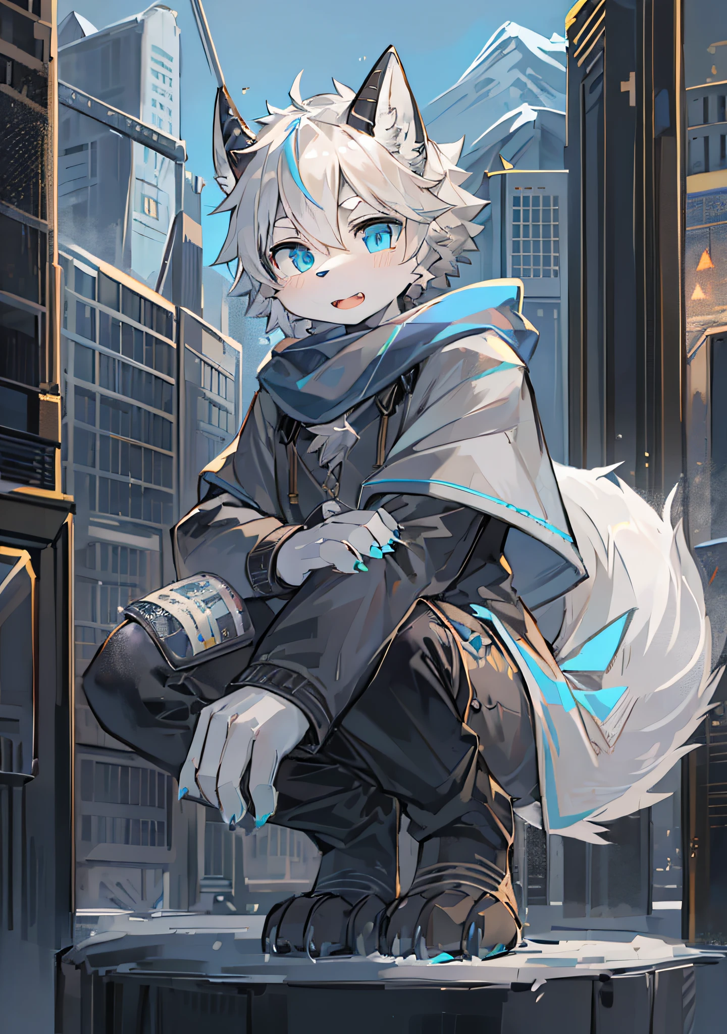 wolf ears, wolf tail, furry, furry male, sky, sao, sky blue eyes and light blue eyes, heterodypupil, star-shaped pupils, white hair, light gray hair tips, pose, dark gray sweatshirt, big fluffy tail, vent, humanity, wolf type, blue scarf, short hair, lower body, white fur everywhere, male youth, angular, long horns on forehead, tail, snow mountain, meat claw, meat pad, black pants, black horn, no shoes, cape, white cape, men's clothing, open mouth, Two legs, two hands, Tyndall effect, ray tracing, looking at the audience,