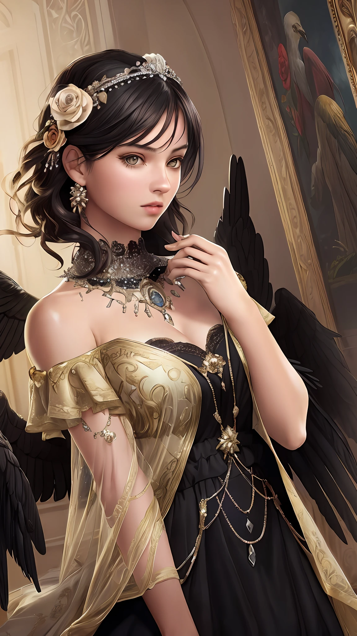 (masterpiece, top quality, best quality, official art, beautiful and aesthetic:1.3)(RAW photo, best quality), (realistic, photo-realistic:1.3), masterpiece, hyper detail, intricate details, CG, unity, 2k wallpaper, Amazing, dramatic light, Phoenix dress, 1girl, black dress, lace trim, solo, flower, detail bright eyes, jewelry, hair ornament, necklace, wings, bare shoulders, black hair, bird, rose