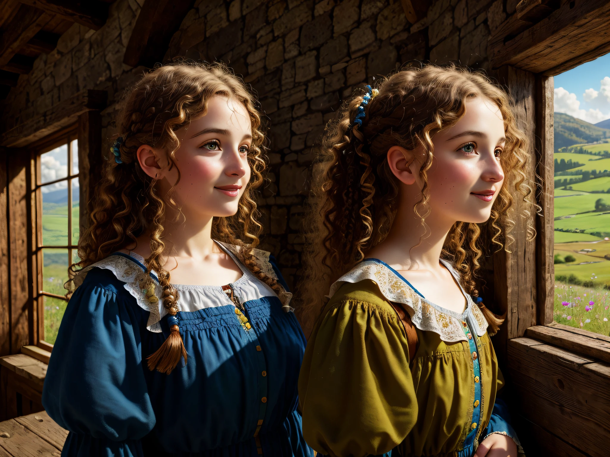 1 girl, (person [close shot]), (touching face with right hand: 1.6)
Bright eyes, (eye details), cute, flushed, (smiling), [curly hair], twin ponytails, medieval country girl hairstyle, (), medium build, [freckles]
Medieval country dress, 【turban】
Look up, look, (to the window), look into the camera
Medieval rural background, medieval rural warehouse, medieval rural windows, (environmental elements are rich), depth of field
window light, illuminating people
colorful
Master-level composition, focus on key figures,
Realism, oil painting texture, impasto texture
Masterpiece, award-winning, best quality, masterpiece, ultra detailed, hires, 8K, extremely detailed CG unity 8k wallpaper, intricate, highly detailed, realistic
Art by Ivan I. Shishkin