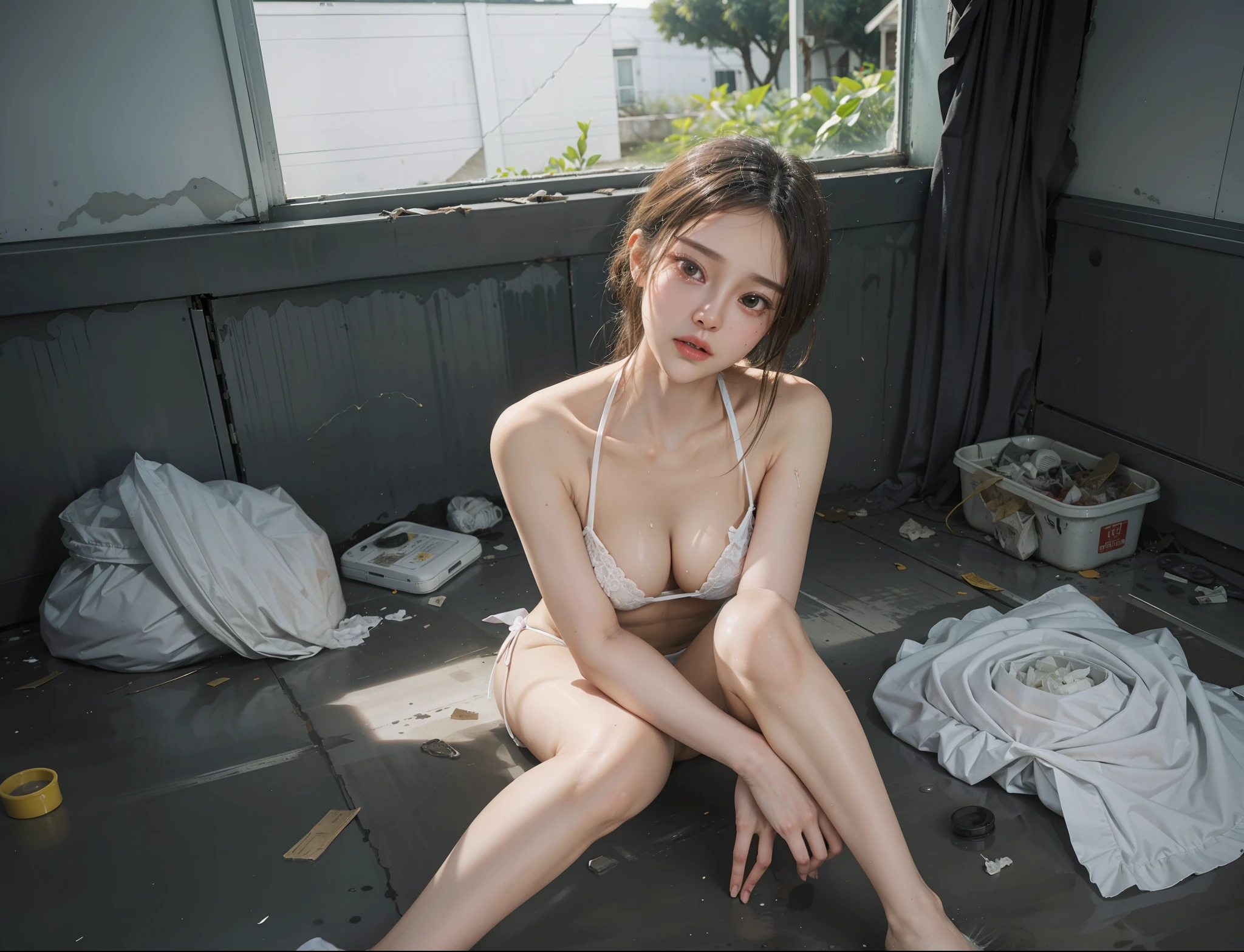 Abandoned rural house, devastated, broken doors and windows, a mess on the ground, garbage, garbage, garbage, white transparent bikini, white turbid liquid, delicate and perfect facial features, long eyelashes, sweet eyes with silkworms, exquisite and perfect human body structure, perfect face, ultimate picture quality, the highest precision, legs spread, garbage, greasy, sweaty, dirty