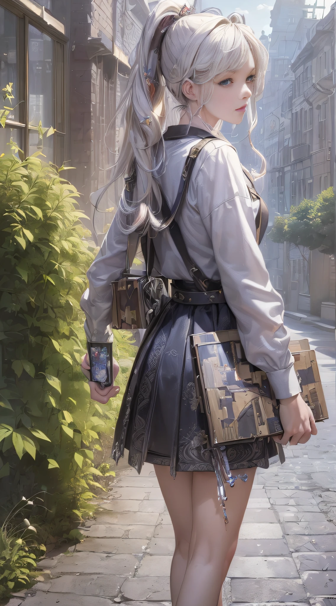 ((((Masterpiece, Best Quality, Official Art, Extremely Detailed CG Unity 8k Wallpaper)))), Illustration, Landscape, Solo, 1 Girl, Beautiful Girl, Beautiful Meticulous Eyes, Student Uniform, Platinum Blonde Hair, Ponytail
