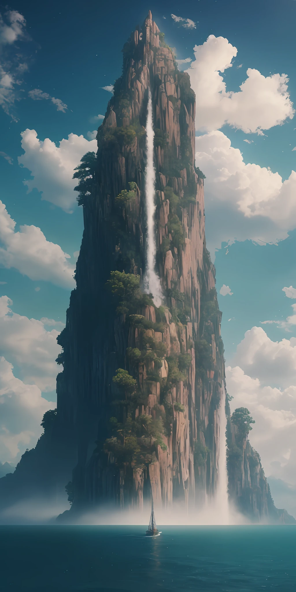 Masterpiece, Top quality, High quality, Highly detailed CG unity 8k wallpaper, Scenery, Outdoors, Sky, Clouds, Sun, No people, Mountains, Scenery, Water, Trees, Blue sky, Waterfalls, Cliffs, Nature, Lakes, Rivers , cloudy sky, award-winning photography, bokeh, depth of field, HDR, bloom, chromatic aberration, photorealistic, highly detailed, artstation trend, CGsociety trend, complex, high detail, dramatic, on the road art