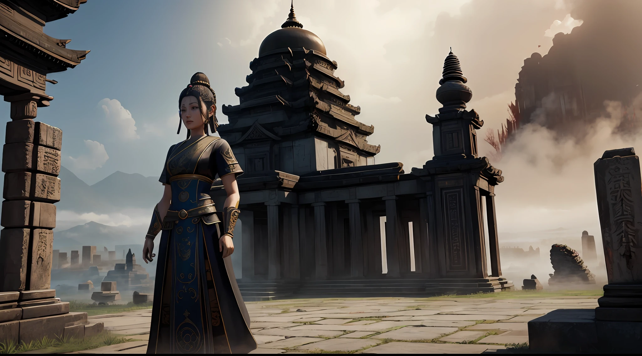 absurd, realistic lighting, (abyss) masterpiece, high quality, beautiful graphics, high detail, dressed woman, extremely refined and beautiful, amazing, fine detail, masterpiece, hyper-detail, high resolution, (best illustration), (best shadow), intricate, ancient landscape, thousand hands bodhisattva, temple, (mysterious black fog), journey to the west, ((corpse), ((ancient monster)), (ruins), (battlefield), (blood stain), glazed tiles, Buddha statue, lantern,