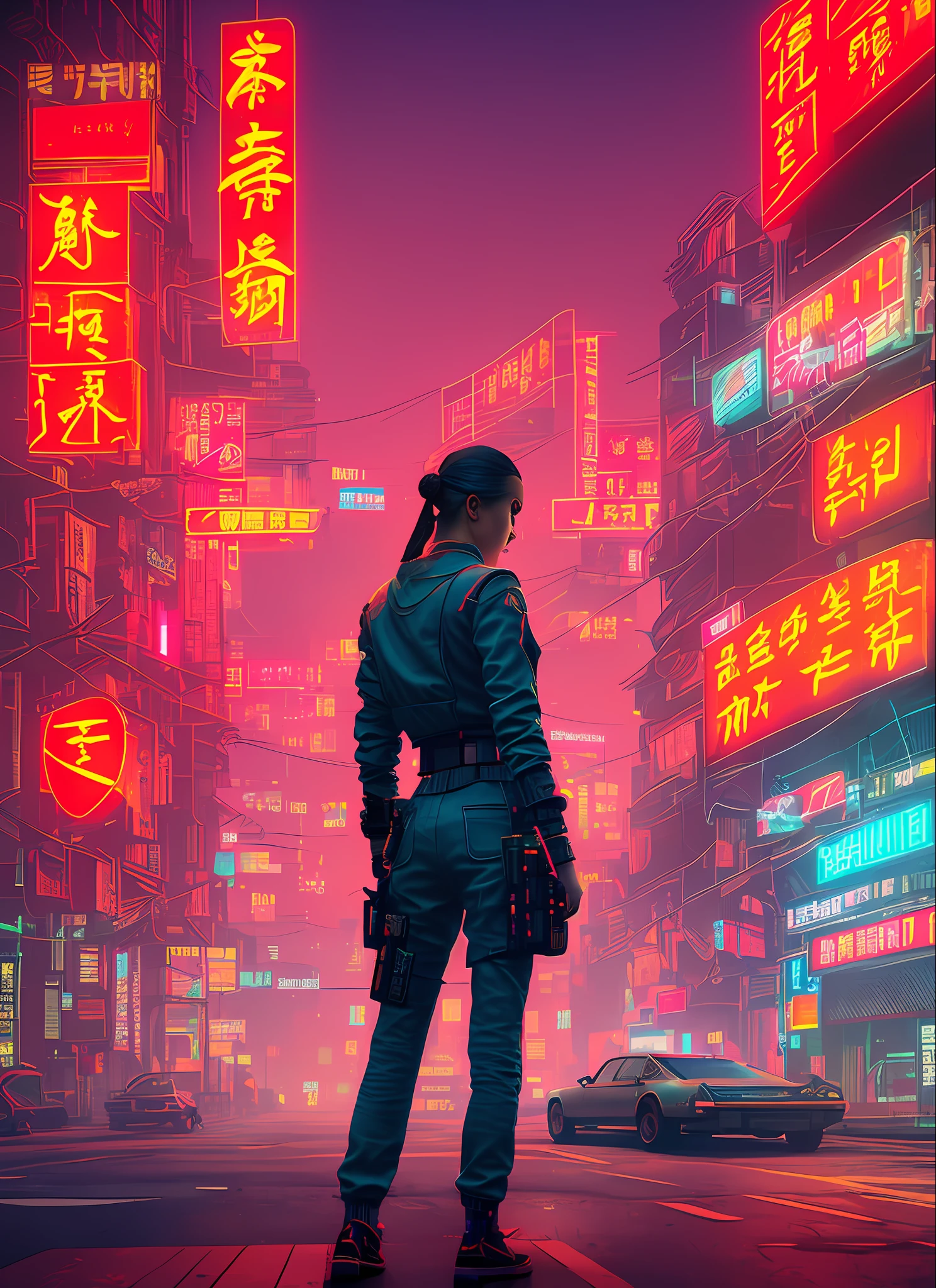 (an artistic photo of a cyberpunk prostitute), traditional Chinese flavor, realization of socialism, centralism in the Soviet Union, red flag fluttering, full body photo, centered, (very detailed: 1.2), (intricate neon slum in background: 1.1), ultra-detailed, (soft light: 1.2), high resolution, cinematic particles.
