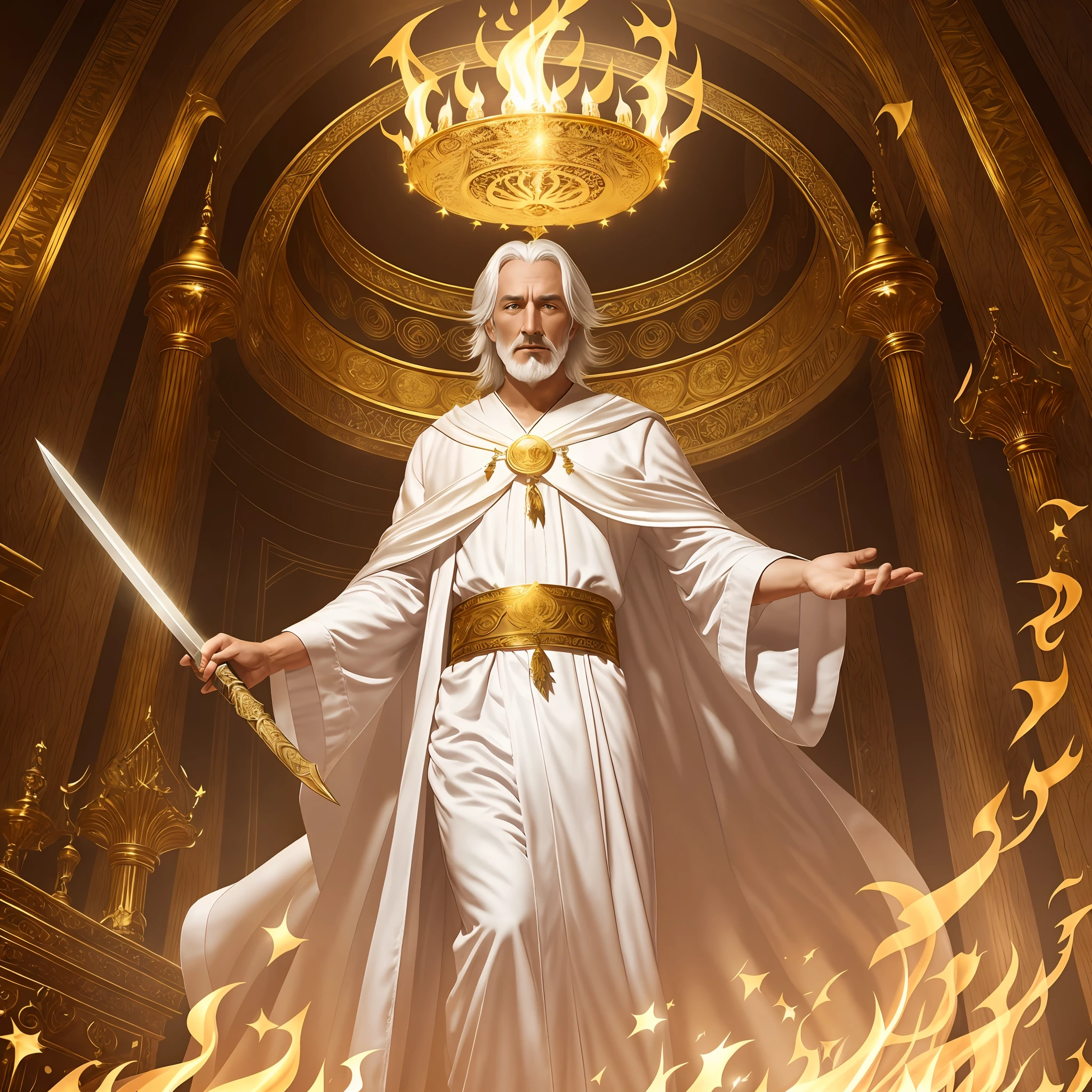 seven gold lamps in the background, in the midst of the lamps, a man in white robes, with a girdle of gold, in his white hair, eyes with flames of fire, feet like polished bronze, in his right hand seven stars, mouth sticking out a sharp double-edged sword, and his face shone brightly --auto --s2