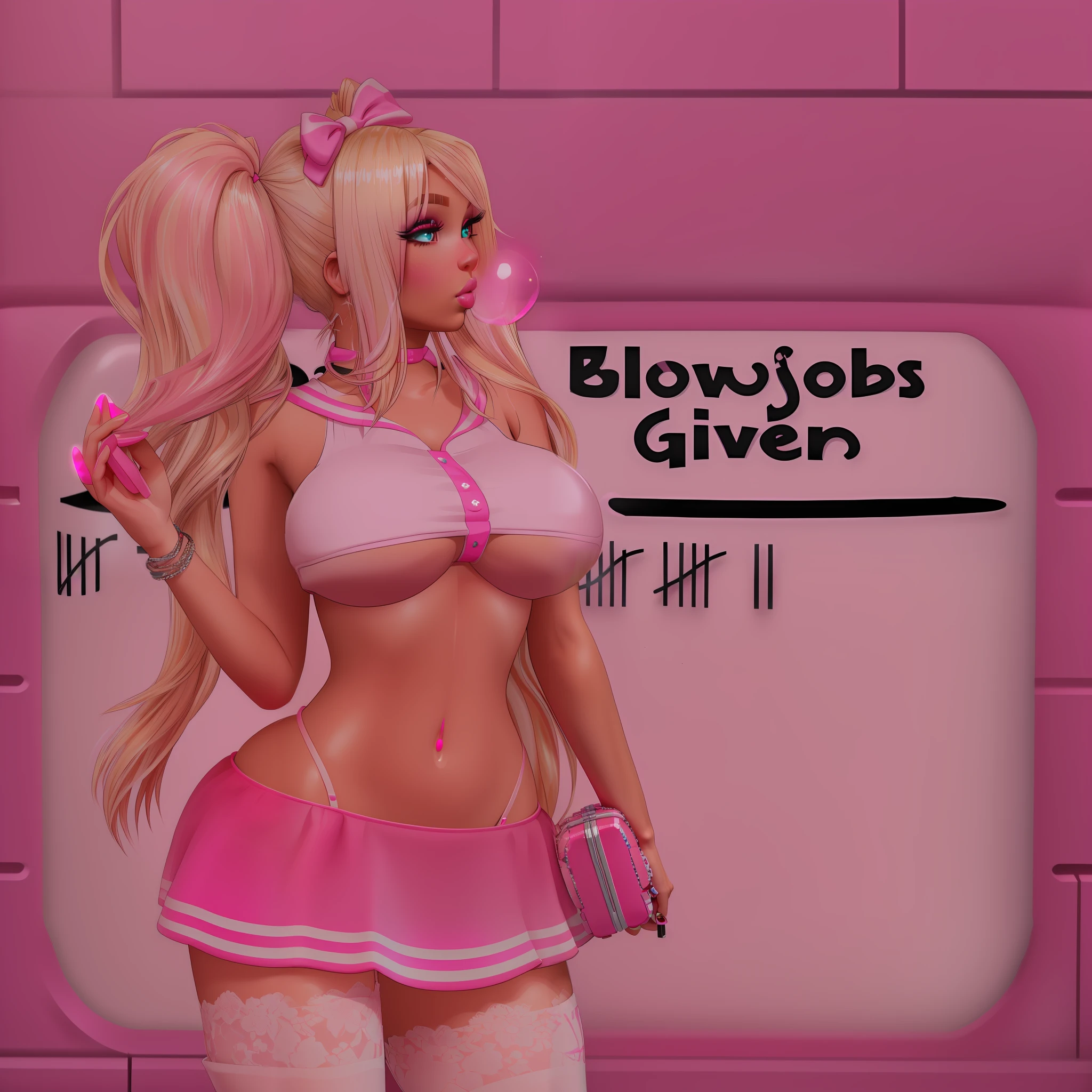 blondie girl in a pink dress blowing a bubble, blowing bubblegum, bubblegum body, imvu, (((((((no glow))))))), lblsck hair, bubblegum, bubblegum pop, pink skin, loli, candy girl, blonde twintail hair and cyan eyes, wearing pink hair bow, glamor profile pose, blonde bubblegum hair, pink girl, second life avatar