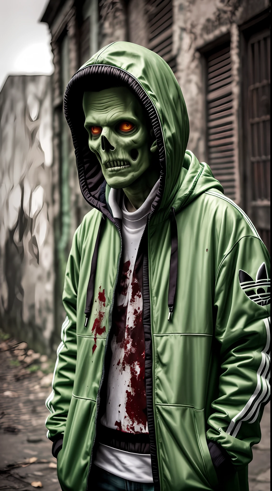 Ultra wide photo(1 zombie decrepit cadaverico)with adidas coat and hood
