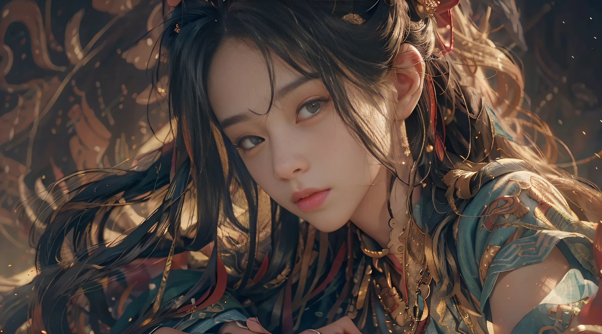 (RAW photo, best quality), (realistic, photo-realistic:1.3),best quality,highly detailed,masterpiece,ultra-detailed,illustration,1girl,upper_body,dynamic angle,world masterpiece theater,messy_long_hair,best quality,extremely detailed CG unity 8k wallpaper,ink,Amazing,cinematic lighting,lens_flare, dunhuang_style