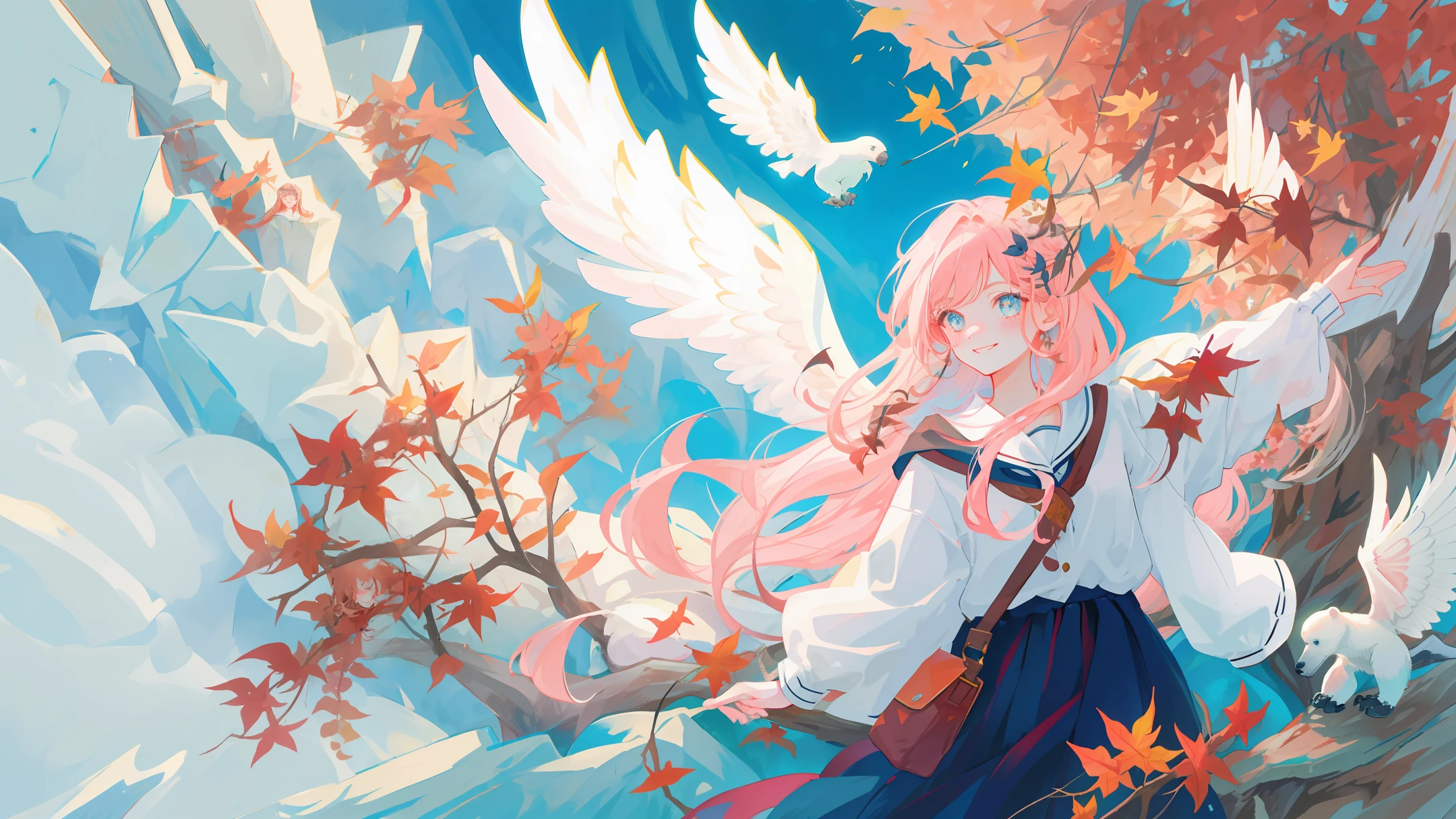 lucy fleming, long hair,
inkcolor, 1girl, solo, long hair, blush, smile, freckles,flying leaves, flying flowers, a girl leaning on a polar bear , bird, cat, 2d, lineart, illustration,