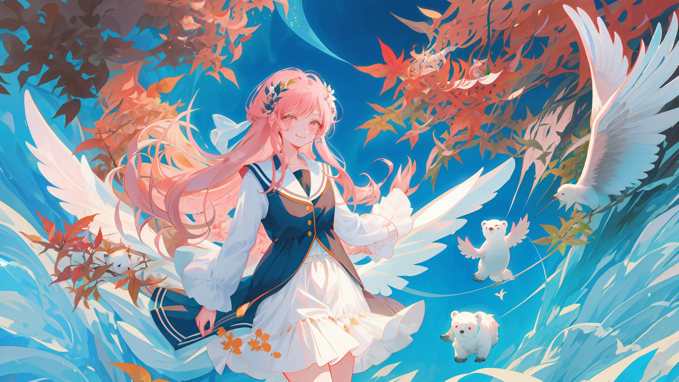 lucy fleming,  long hair, 
inkcolor, 1girl, solo, long hair, blush, smile, freckles,flying leaves, flying flowers, a girl leaning on a polar bear , bird, cat, 2d, lineart, illustration,