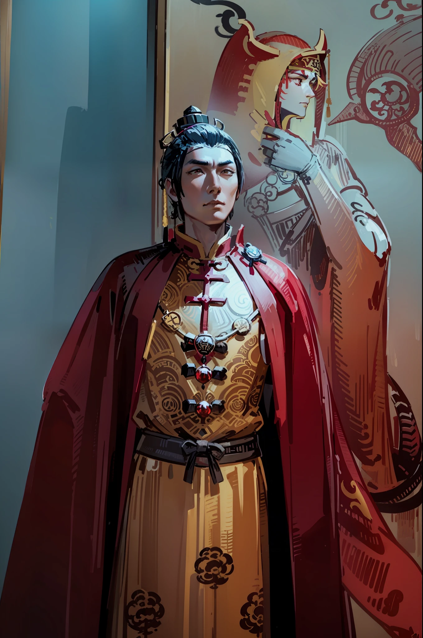 Zheng He, chinese sailor, yellow chinese imperial noble suit, red cape, black futou hat, looking forward confidently, blue chinese dragon behind him, best quality, (high detailed skin:1.2), epic, masterpiece, dark studio, 8k uhd, dslr, soft lighting, high quality, volumetric lighting, candid, Photograph, high resolution, 4k, 8k