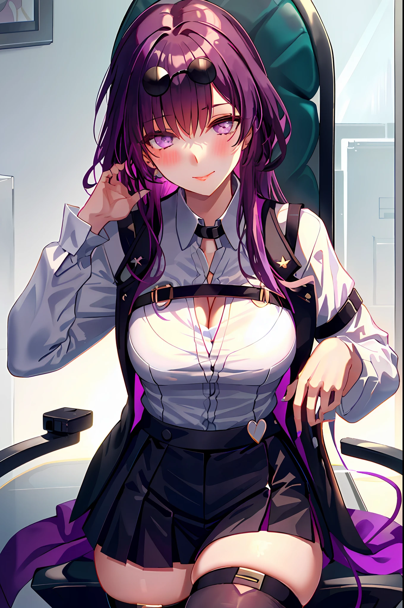 Kafka, 1girl, solo, ((white shirt)), black thighhighs, breasts, cleavage, uniform, office background, black skirt, pleated skirt, office, hair between eyes, sunglass on head, large breasts, long hair, looking at viewer, purple hair, purple short nails, purple eyes, solo, thighhighs, thighs, long hair, ((masterpiece)), sitting, chair, desk, computer on desk, name tag, id tag, indoor, blush, sexy pose,