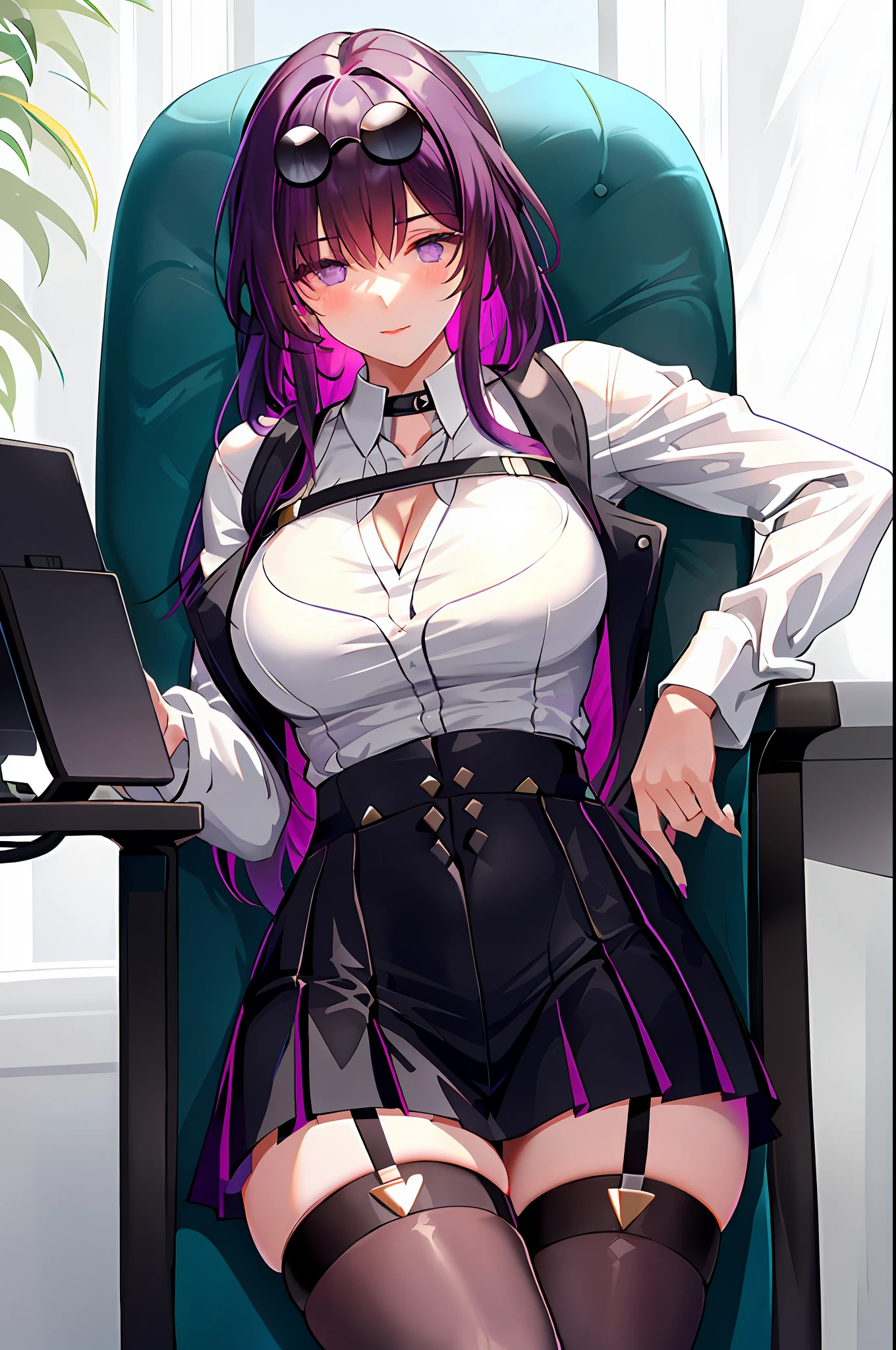 Kafka, 1girl, solo, ((white shirt)), black thighhighs, breasts, cleavage, uniform, office background, black skirt, pleated skirt, office, hair between eyes, sunglass on head, large breasts, long hair, looking at viewer, purple hair, purple short nails, purple eyes, solo, thighhighs, thighs, long hair, ((masterpiece)), sitting, chair, desk, computer on desk, name tag, id tag, indoor, blush, sexy pose,