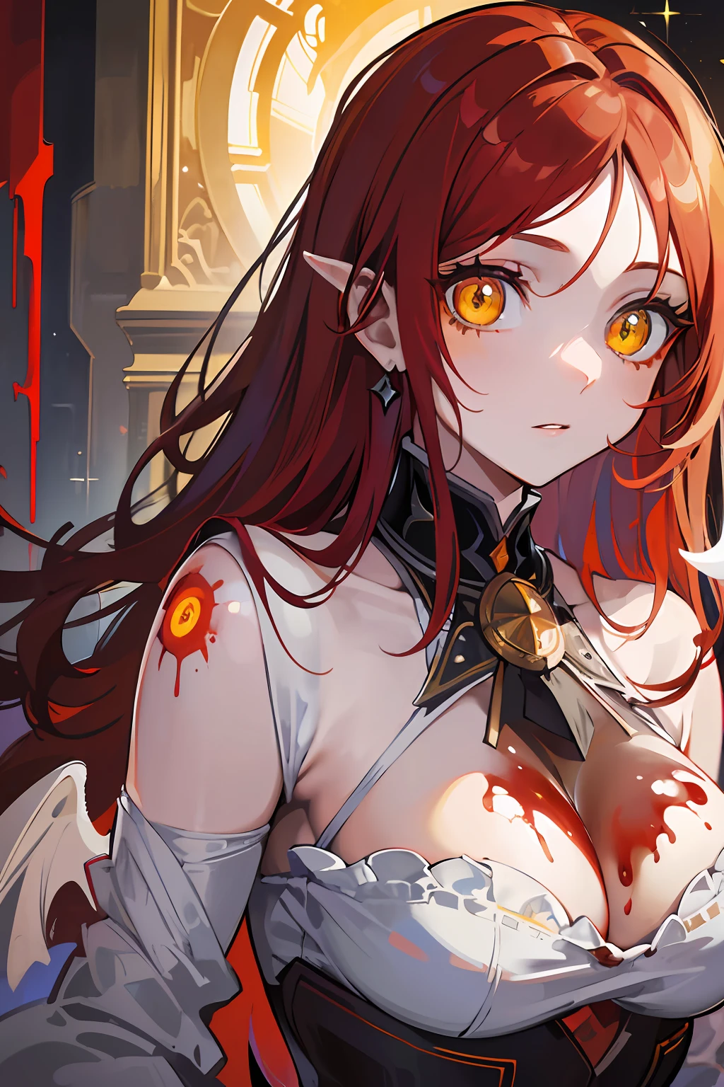 (best quality), (masterpiece), (artwork), (best illustration, desinger, colors), (best development), (detailed eyes), (extremely detailed eyes:1.2), (glowing eyes, bright, sparkling:1.3), a beautiful girl, long red hair (the color of blood), (detailed yellow eyes), white skin, background of rustic art scene of an insane asylum, she is wearing a bloodied straitjacket