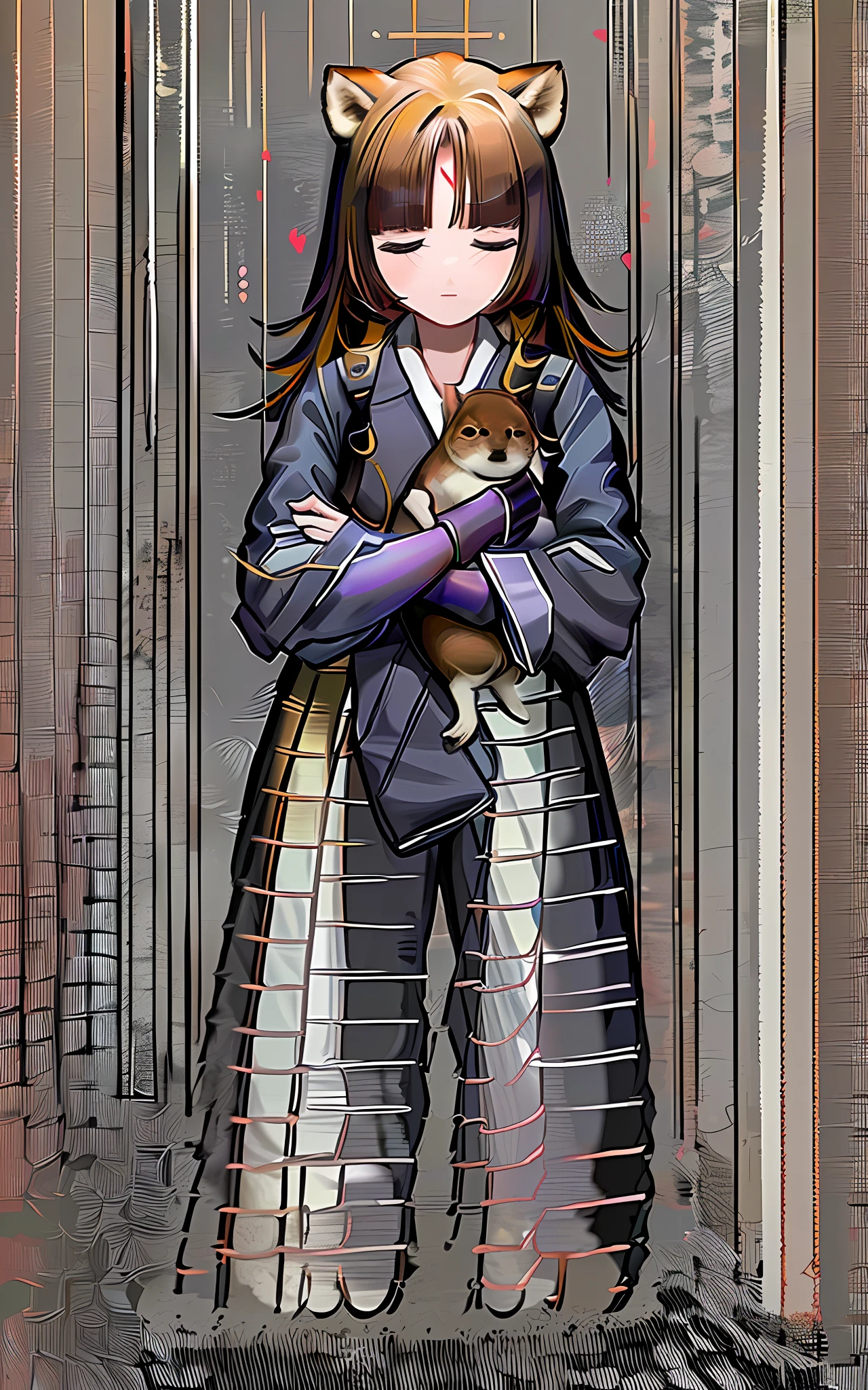 1girl, hugging, capybara, kneeling, closed eyes, :d, akko,