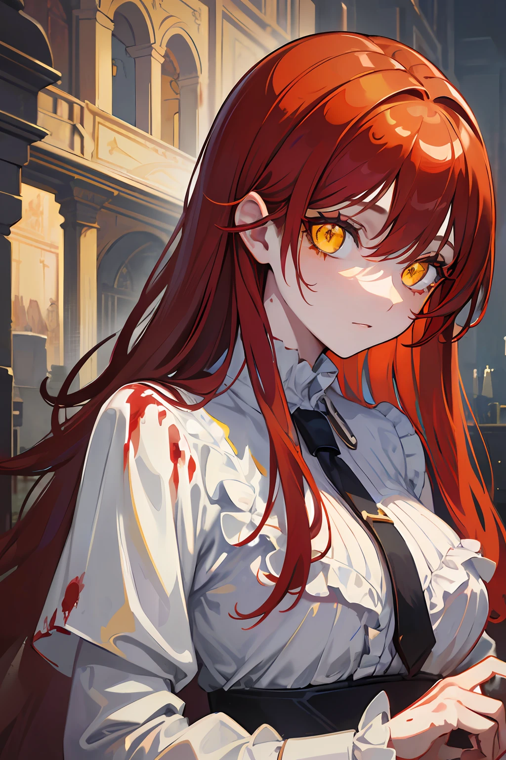 (best quality), (masterpiece), (artwork), (best illustration, desinger, colors), (best development), (detailed eyes), (extremely detailed eyes:1.2), (glowing eyes, bright, sparkling:1.3), a beautiful girl, long red hair (the color of blood), (detailed yellow eyes), white skin, background of rustic art scene of an insane asylum, she is wearing a bloodied straitjacket
