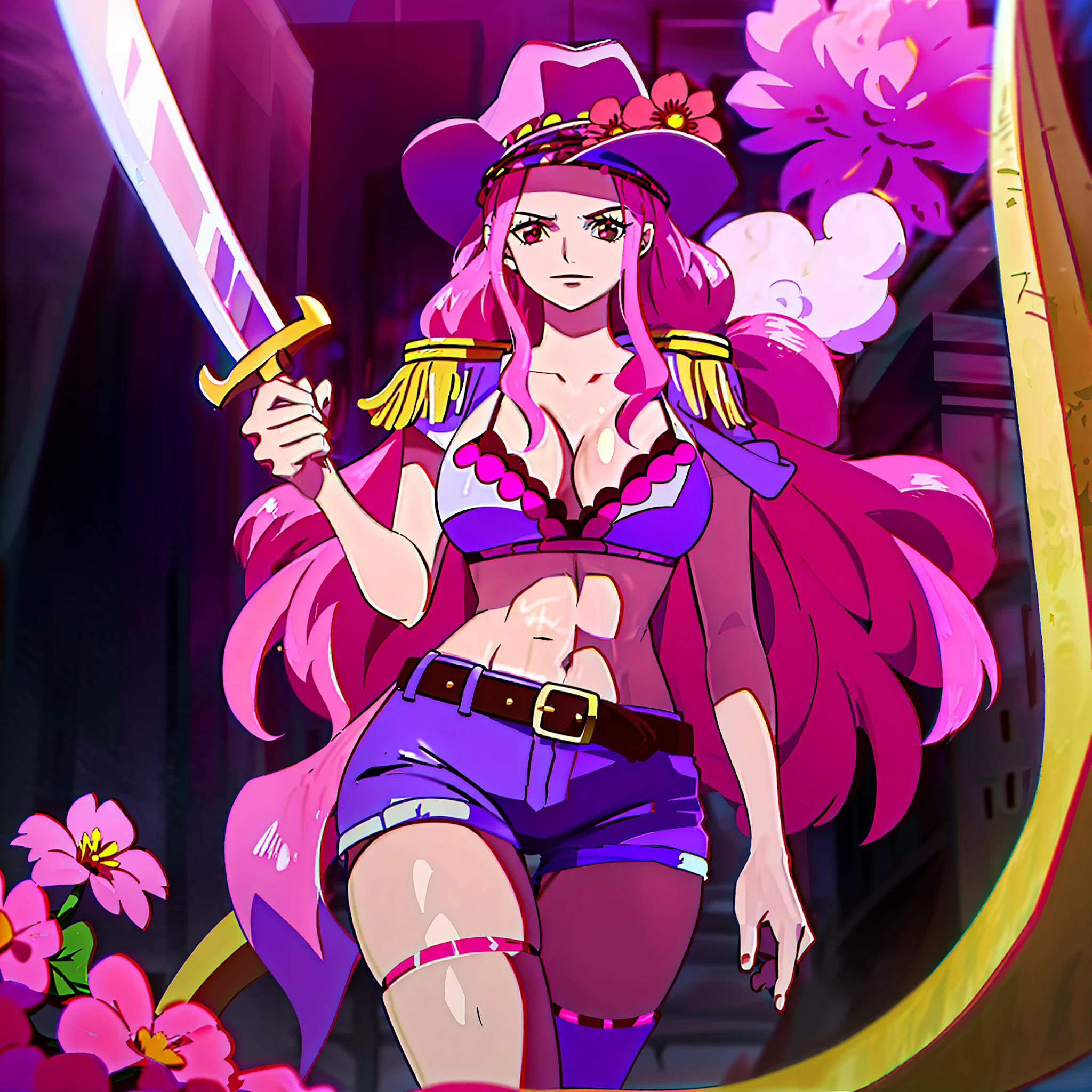 Young woman with long pink hair,large breasts and wide hips,wearing only flowery pink bra and short shorts,white boot,with a pink hat,with a sword sheathed at her waist,the hilt of the sword is golden