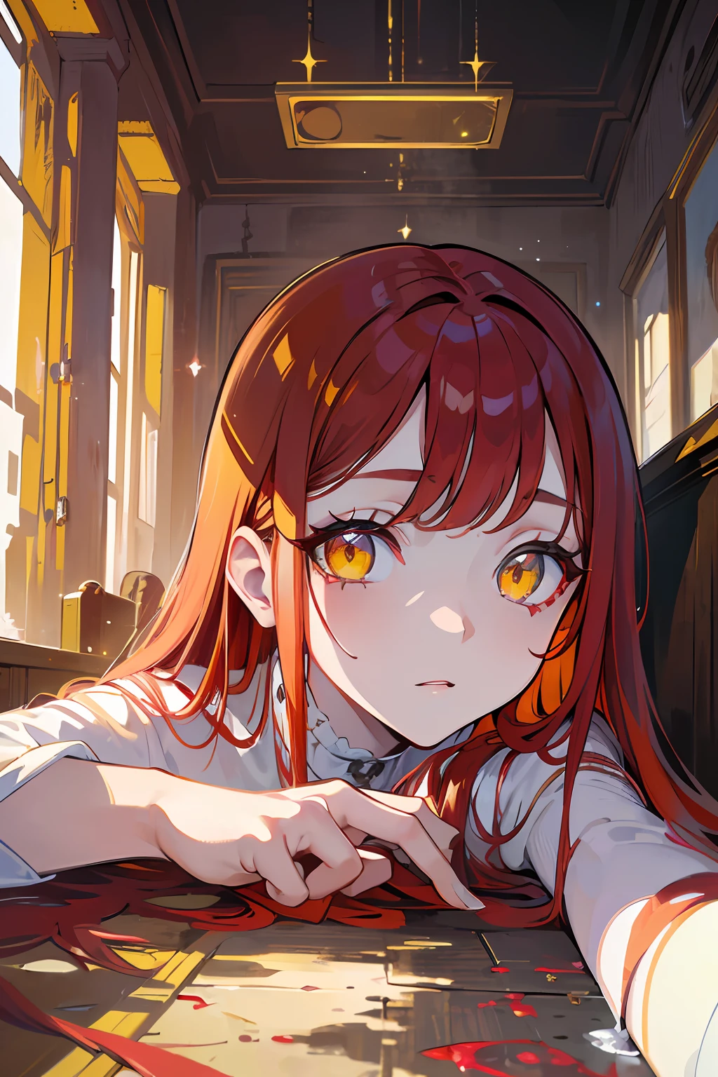 (best quality), (masterpiece), (artwork), (best illustration, desinger, colors), (best development), (detailed eyes), (extremely detailed eyes:1.2), (glowing eyes, bright, sparkling:1.3), a beautiful girl, long red hair (the color of blood), (detailed yellow eyes), white skin, background of rustic art scene of an insane asylum, she is wearing a bloodied straitjacket