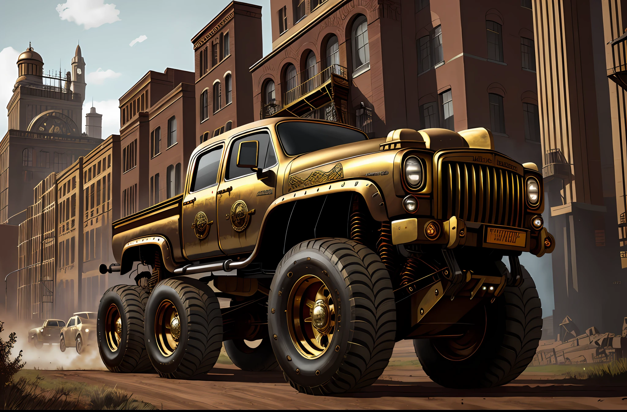 a stunning photo of a steampunk monster truck, side view, brass, steel, pipes