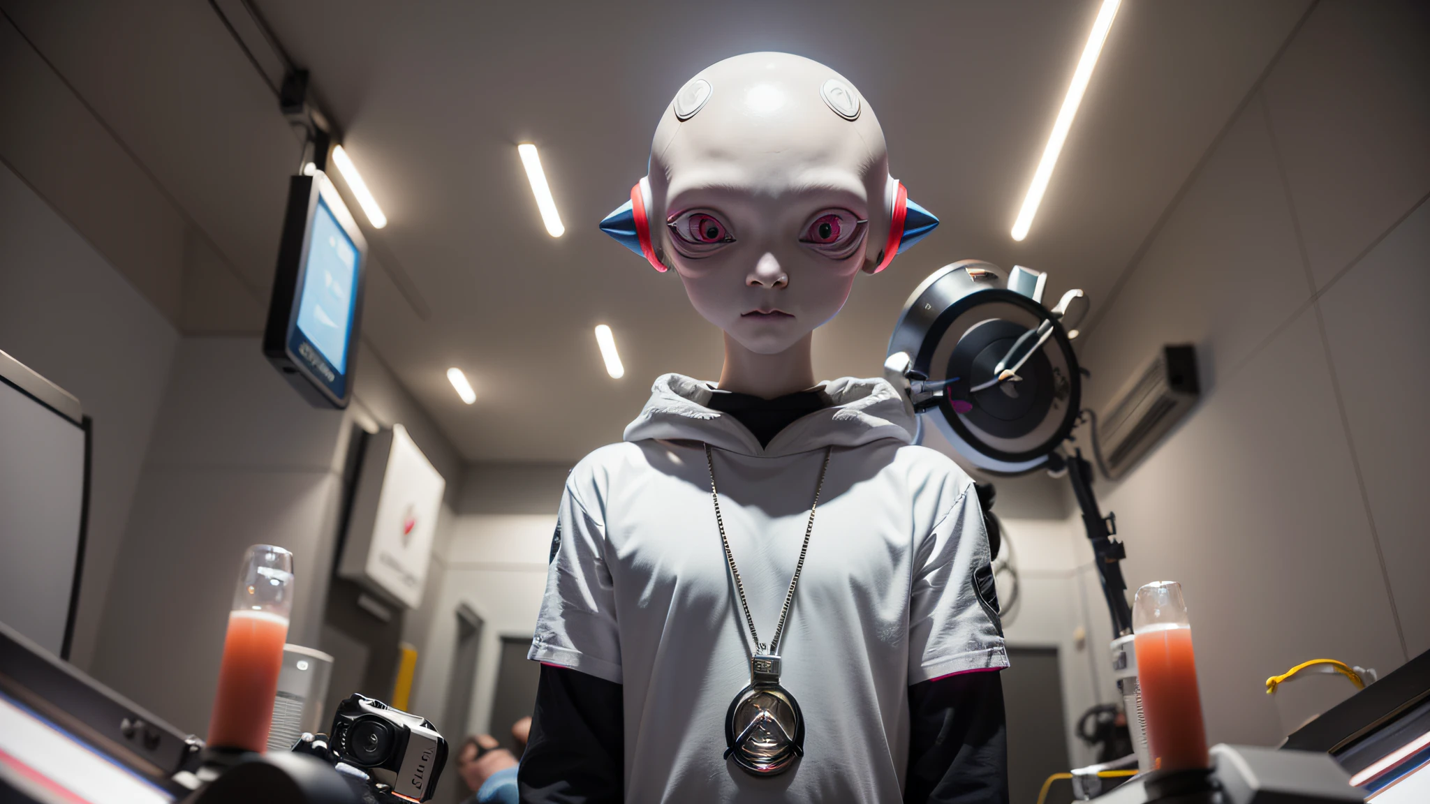 An alien, with albino and realistic skin, large head, short and thin neck, very large eyes and all black, which reflects the local lighting, a nose similar to that of humans but small, a mouth similar to that of humans but small, the body is thin and thin, the alien wears a white sleeve shirt with a letter made of small silver that appears to the right represented within a triangle of the same size, the clothing is inspired by the clothes used for surfing, the color to be used is red, pink chock and blue, as well as details of the environment, and manufactured with neoprene fabric, it is possible to notice a silver necklace hanging from his neck, with a pinjente in the triangular shape with an eye that sees everything in the center as a symbol. the alien is in a recording studio whose scenery is minimalist and features a gray background in gradient hue to circular white, the camera captures the image from the waist up, the alien presents friendly and light expressions, the alien interact with the camera always with a slight smile of satisfaction and tranquility,  The skin used and all the elements are of extreme realism, especially the skins, the lighting is an illumination inspired by the 80s.