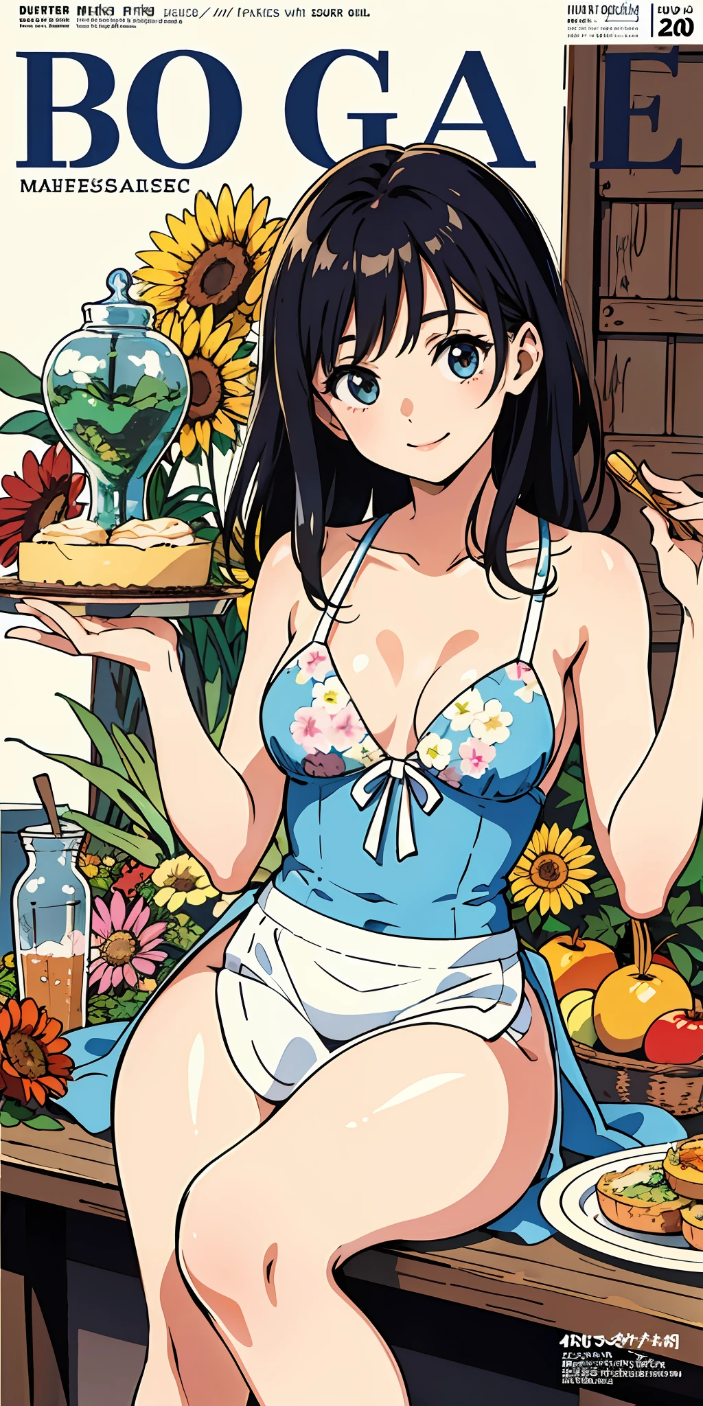 (top quality, masterpiece), 1 girl, 20 years old, stunning, cute, warm smile, naked, less area bikini, hourglass figure, floral dress, apron, food, text, chart, advertisement, magazine title, real