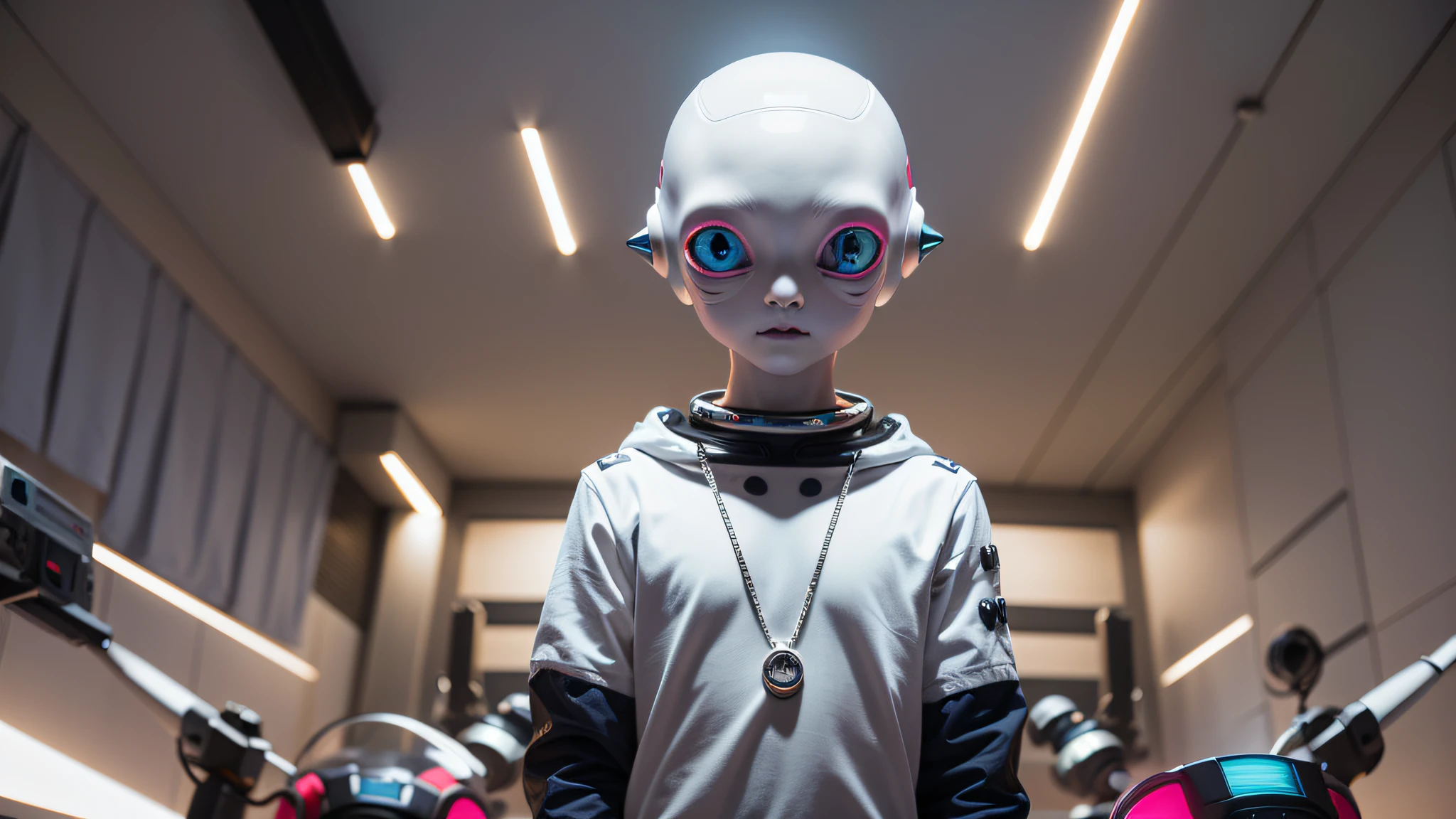 An alien, with albino and realistic skin, large head, short and thin neck, very large eyes and all black, which reflects the local lighting, a nose similar to that of humans but small, a mouth similar to that of humans but small, the body is thin and thin, the alien wears a white sleeve shirt with a letter made of small silver that appears to the right represented within a triangle of the same size, the clothing is inspired by the clothes used for surfing, the color to be used is red, pink chock and blue, as well as details of the environment, and manufactured with neoprene fabric, it is possible to notice a silver necklace hanging from his neck, with a pinjente in the triangular shape with an eye that sees everything in the center as a symbol. the alien is in a recording studio whose scenery is minimalist and features a gray background in gradient hue to circular white, the camera captures the image from the waist up, the alien presents friendly and light expressions, the alien interact with the camera always with a slight smile of satisfaction and tranquility,  The skin used and all the elements are of extreme realism, especially the skins, the lighting is an illumination inspired by the 80s.