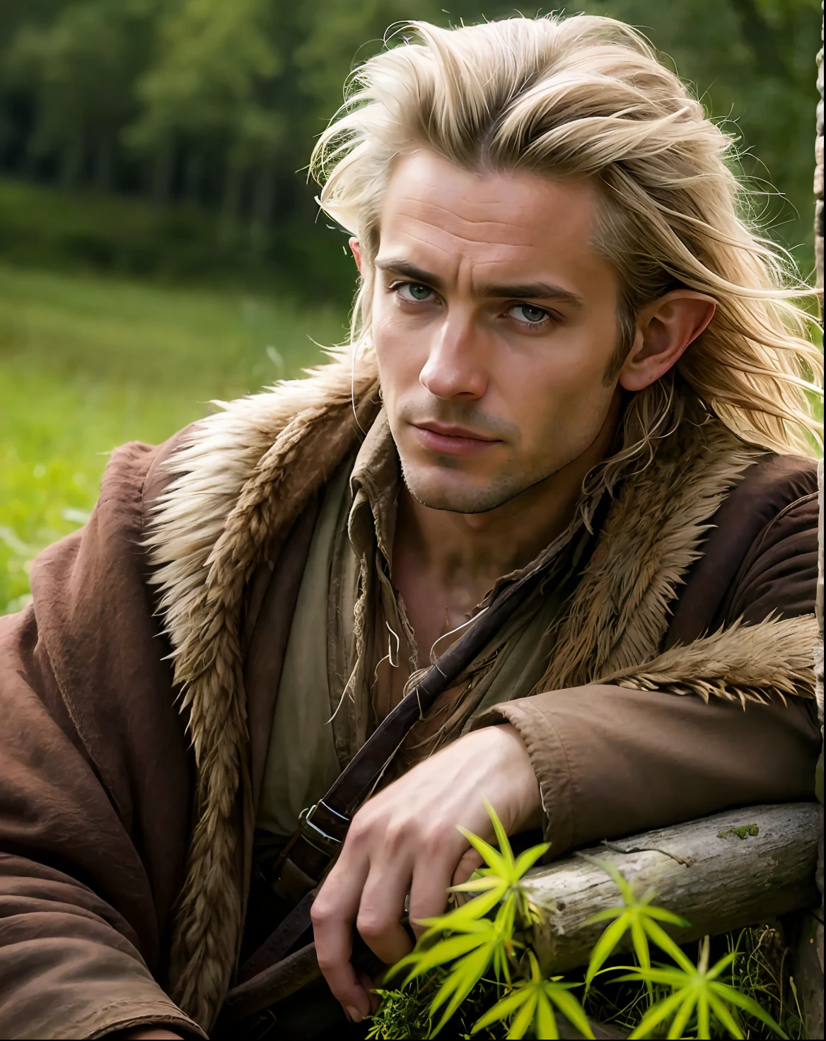 highly detailed fantasy photography A rugged handsome french elven ((man )) highly defined elven features big eyes , peroxide ((long blonde messy windswept hair)) tied up leather ties in hair,small pointed ears, sitting in highly detailed rural french (Forest ) setting ,wearing Medieval cloak and (furs, leathers, and roughly spun cloths, such as hemp or linen)., natural professional photography, Sony fx6 digital camera, atmospheric, highly detailed, UHD, both eyes the same, masterpiece, high resolution, ultra quality, 16K, skin pores, matte ,(arms reaching up) ,model pose ,Patrick Lichfield, rule of thirds, photography by David bailey. Hasselblad CFV II 50C digital camera ,4k ,sharp focus ,bright colour , Albedo map ,normal map ,specular map ,diffuse map ,light map ,noise map ,reflective map ,opacity map ,subsurface scattering ,light and shadow ,global illumination