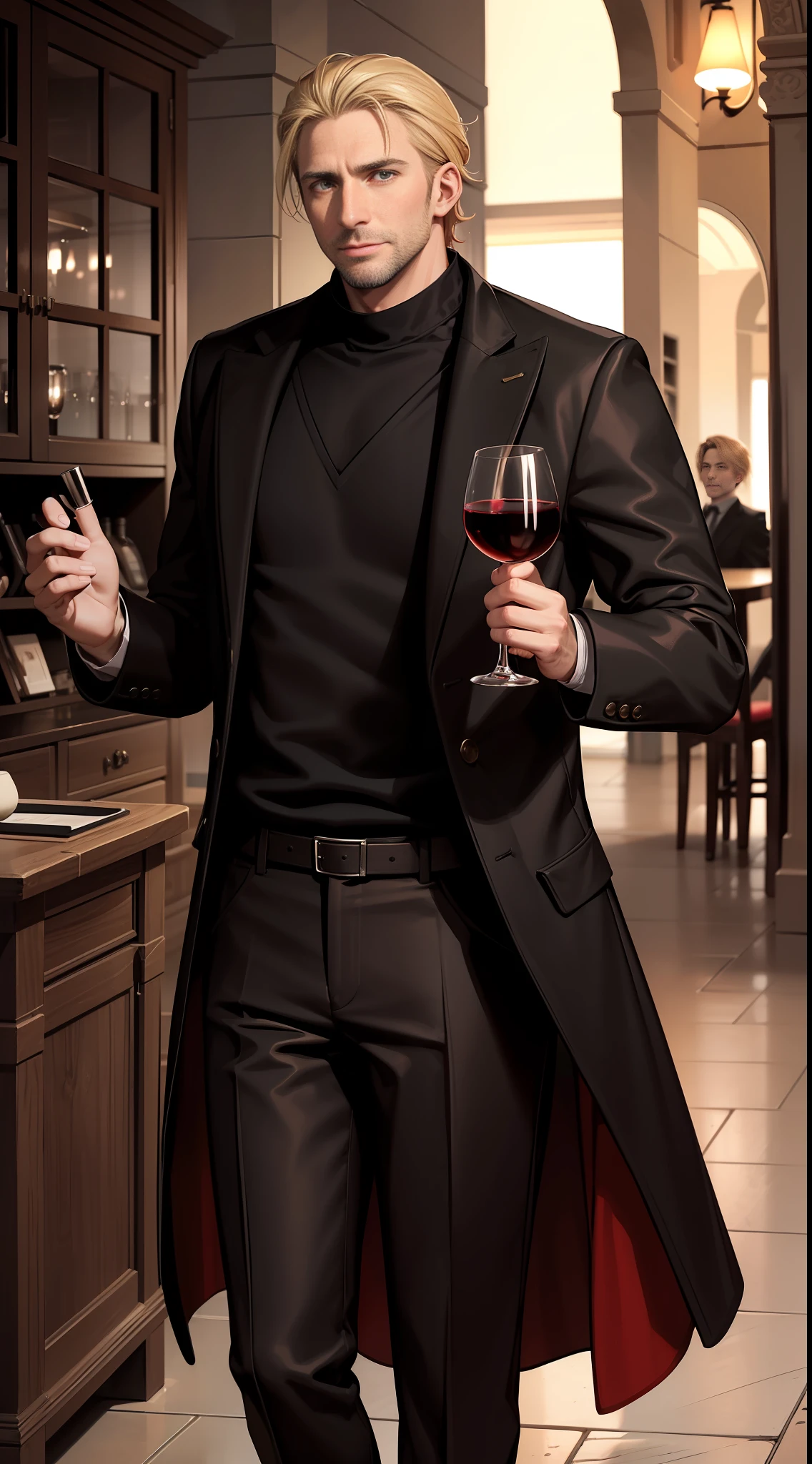 An elegant 40-year-old man with blonde hair and brown eyes and a thin beard and a monocolo, his coat is red with its causes, two bands of his coat are black and his T-shirt is white, he always carries a glass of wine (scenery a dance salary)