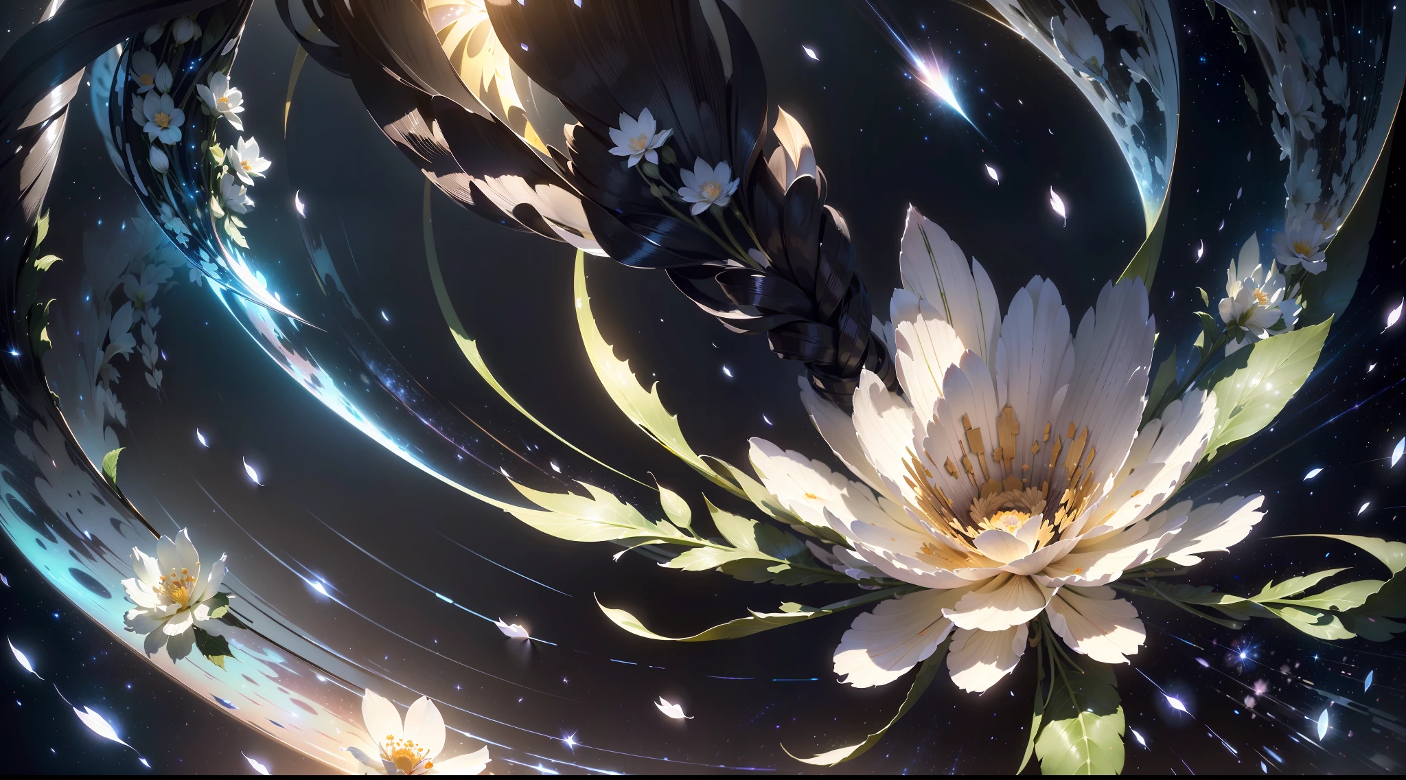 ((REAL)))), ((MASTER))), ((BEST QUALITY)), ULTRA-DETAILED CG Unity 8k wallpaper, incredibly detailed and beautiful illustrations, floating, high resolution, dynamic, dark black background, stellar space, big shining white stars, countless small petals, countless scattered petals, many petals, falling petals, no flower shape, only petals, petals studded in outer space