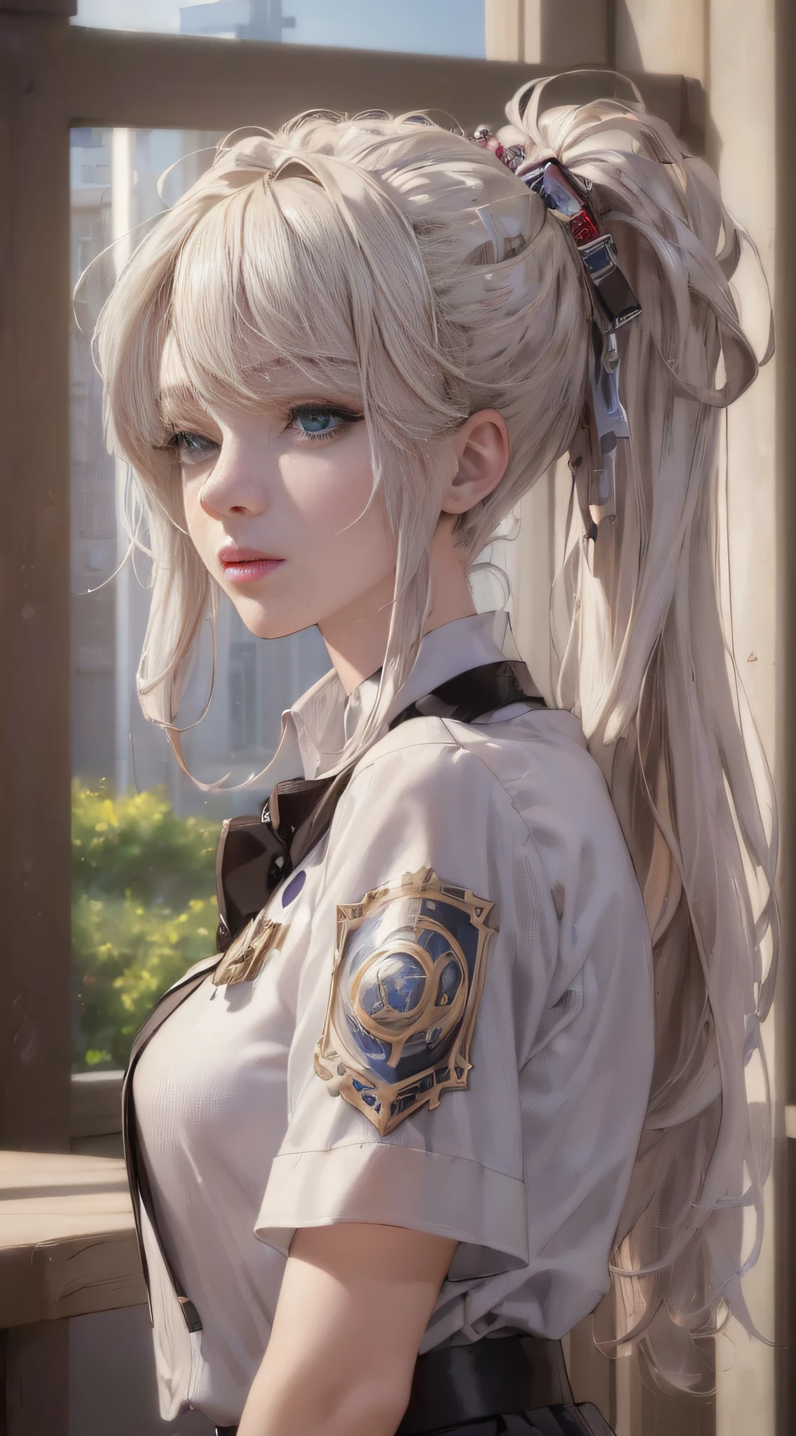 ((((Masterpiece, Best Quality, Official Art, Extremely Detailed CG Unity 8k Wallpaper)))), Illustration, Landscape, Solo, 1 Girl, Beautiful Girl, Beautiful Meticulous Eyes, Student Uniform, Platinum Blonde Hair, Ponytail