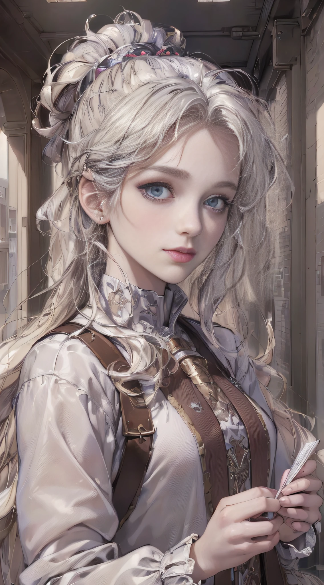 ((((Masterpiece, Best Quality, Official Art, Extremely Detailed CG Unity 8k Wallpaper)))), Illustration, Landscape, Solo, 1 Girl, Beautiful Girl, Beautiful Meticulous Eyes, Student Uniform, Platinum Blonde Hair, Ponytail
