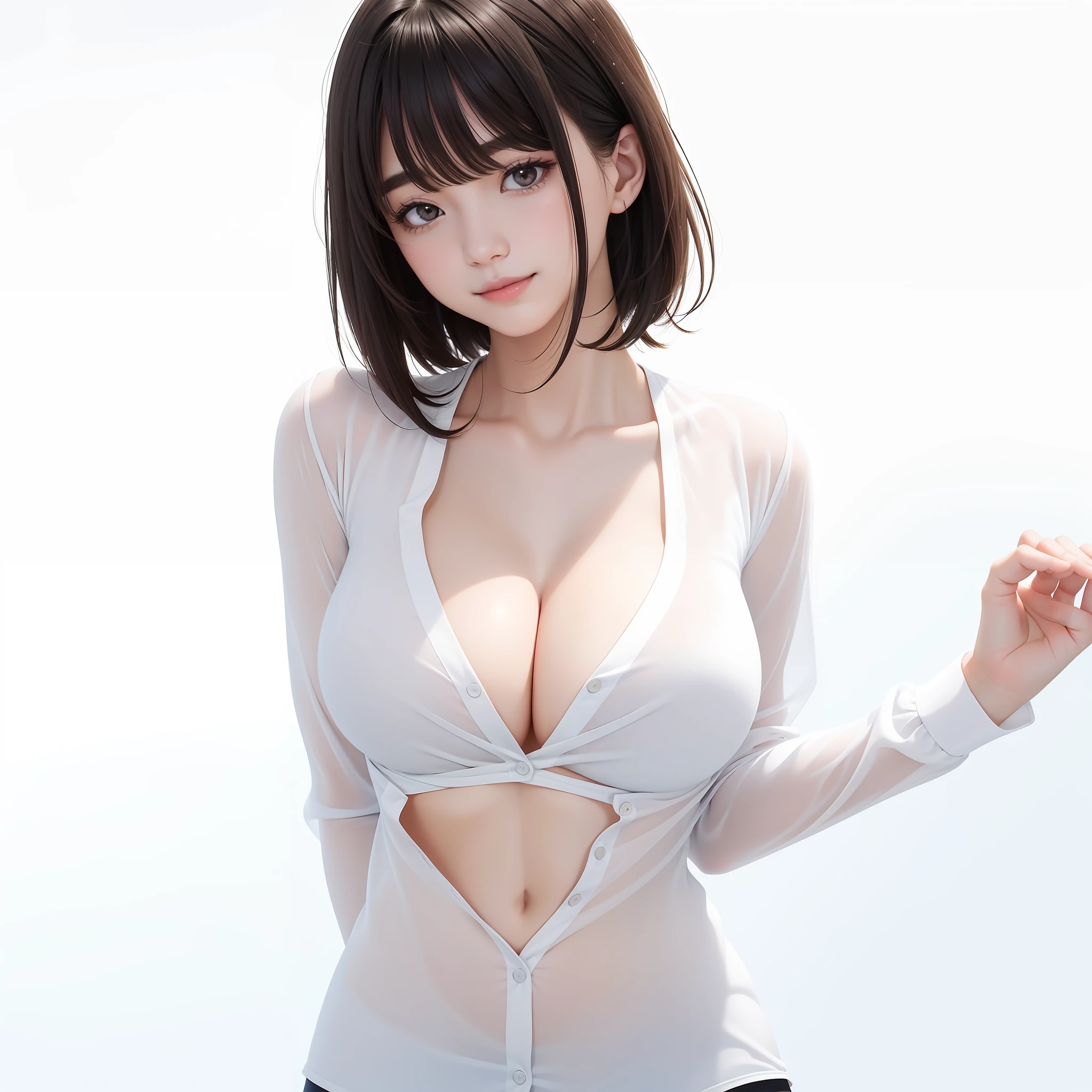 (Best Quality, 8k, 32k, Masterpiece, UHD: 1.2), Cute Japan Woman Pictures, One Girl, (Big), (Tall Women), (Abs), (Lips), Closed Mouth, (Medium Short), Double Eyelids, Wet Skin, Only One Very Beautiful Woman, Very Sexy Body, Gaze Looking Directly Into the Camera, Golden Ratio Face, Golden Ratio Body, Perfect Body, Perfect Face, Perfect Breasts, Big breasts looking directly at the camera, part-time sexy expression, chest between arms to create cleavage, chest closer, coquettish smile, very happy smile, glossy, big eyes, highlights in the eyes, clear double eyelids, eyelashes, long neck, beautiful short hair, glossy dark black hair, bangs, thick bangs, shiny skin, clean bangs, clean collarbones, Clean, pure white background, empty background, crystal clear white business shirt, clothes that seem to be visible but invisible, overwhelming charm, attractive natural light, 19 years old
