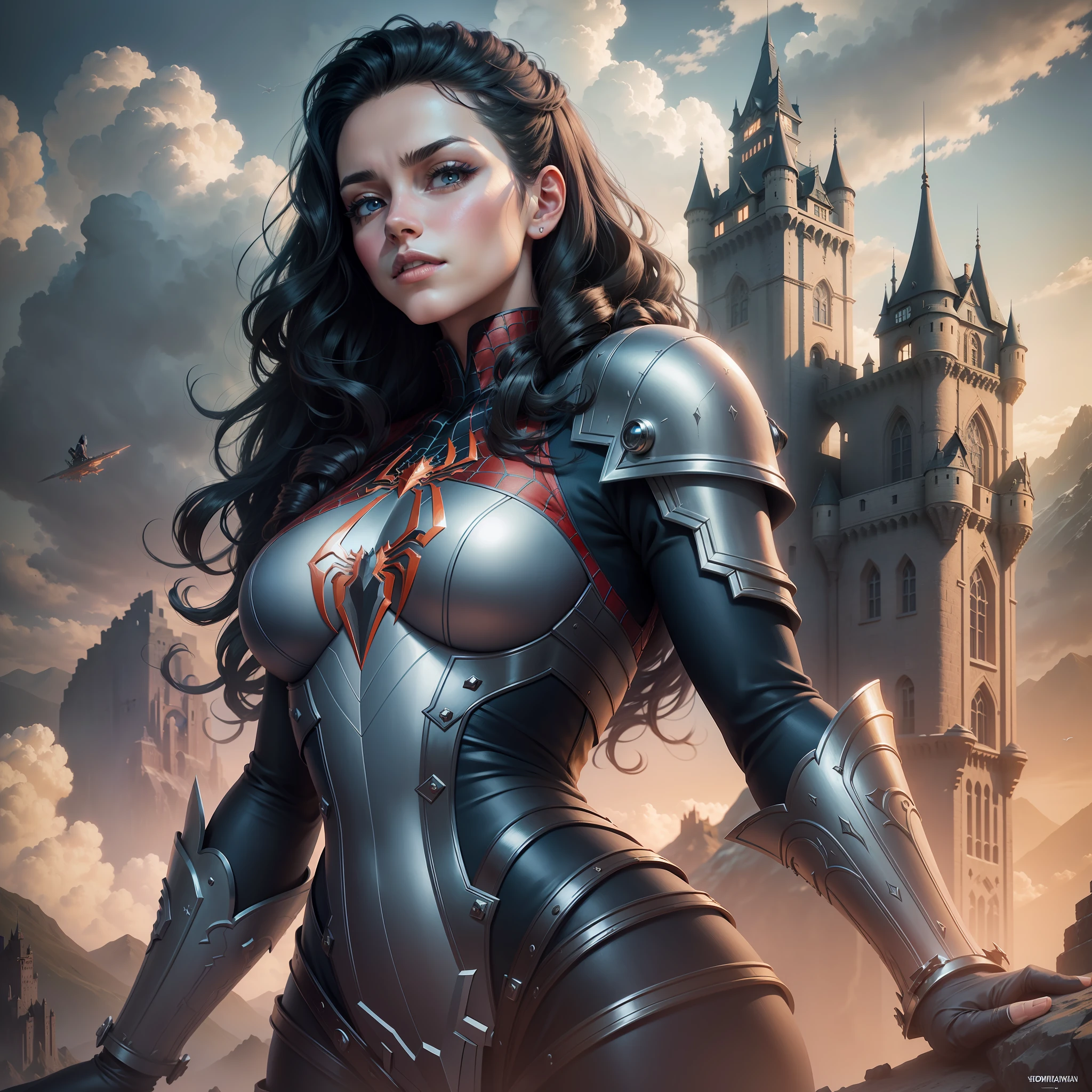 Fantasy fururist theme, mountain castle, extrelled sky, futuristic ships adorning the sky, beautiful woman observing the castle, woman with toned body, woman with Spiderman cosplay, wavy black hair, hyperrealistic 4k photo
