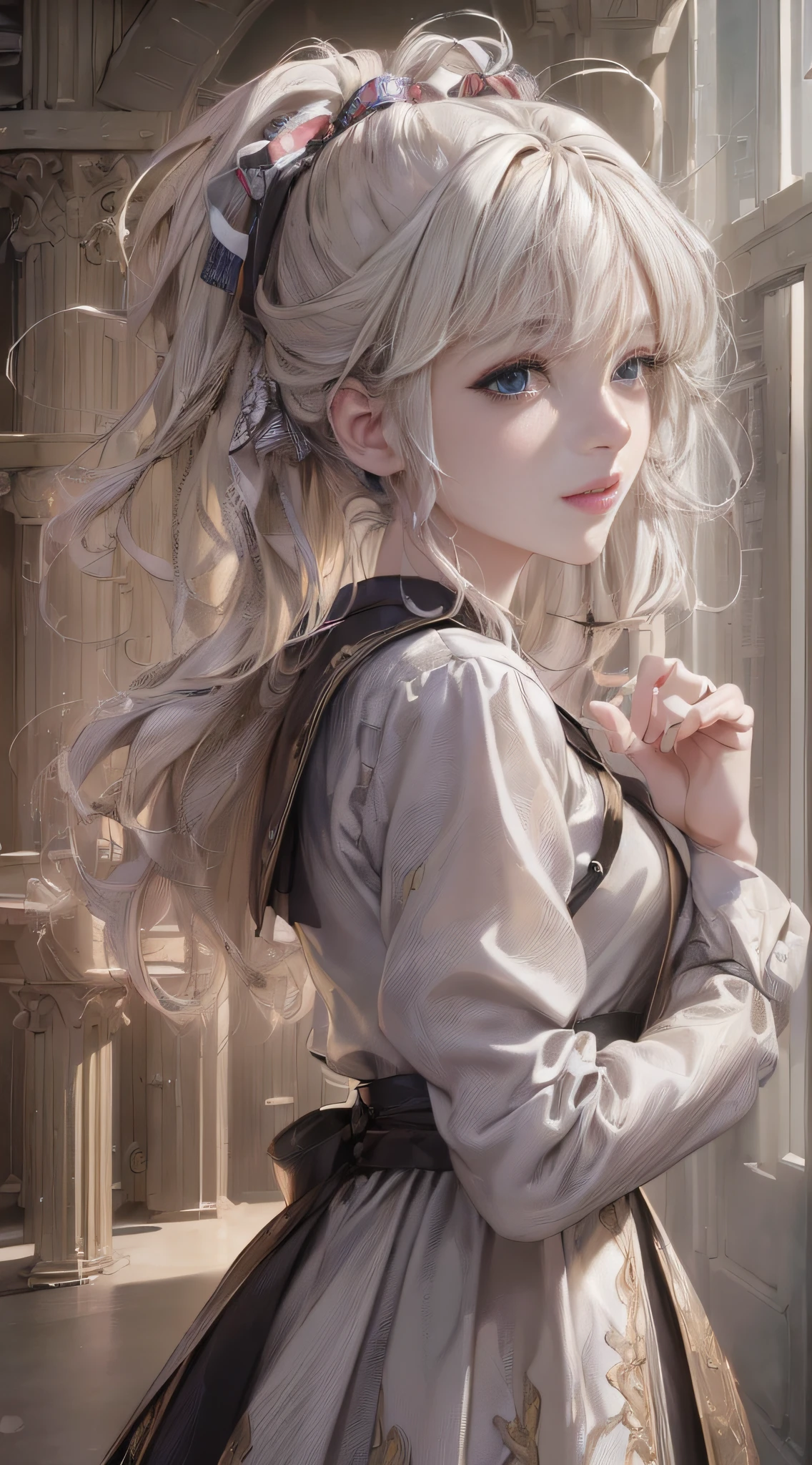 ((((Masterpiece, Best Quality, Official Art, Extremely Detailed CG Unity 8k Wallpaper)))), Illustration, Landscape, Solo, 1 Girl, Beautiful Girl, Beautiful Meticulous Eyes, Student Uniform, Platinum Blonde Hair, Ponytail