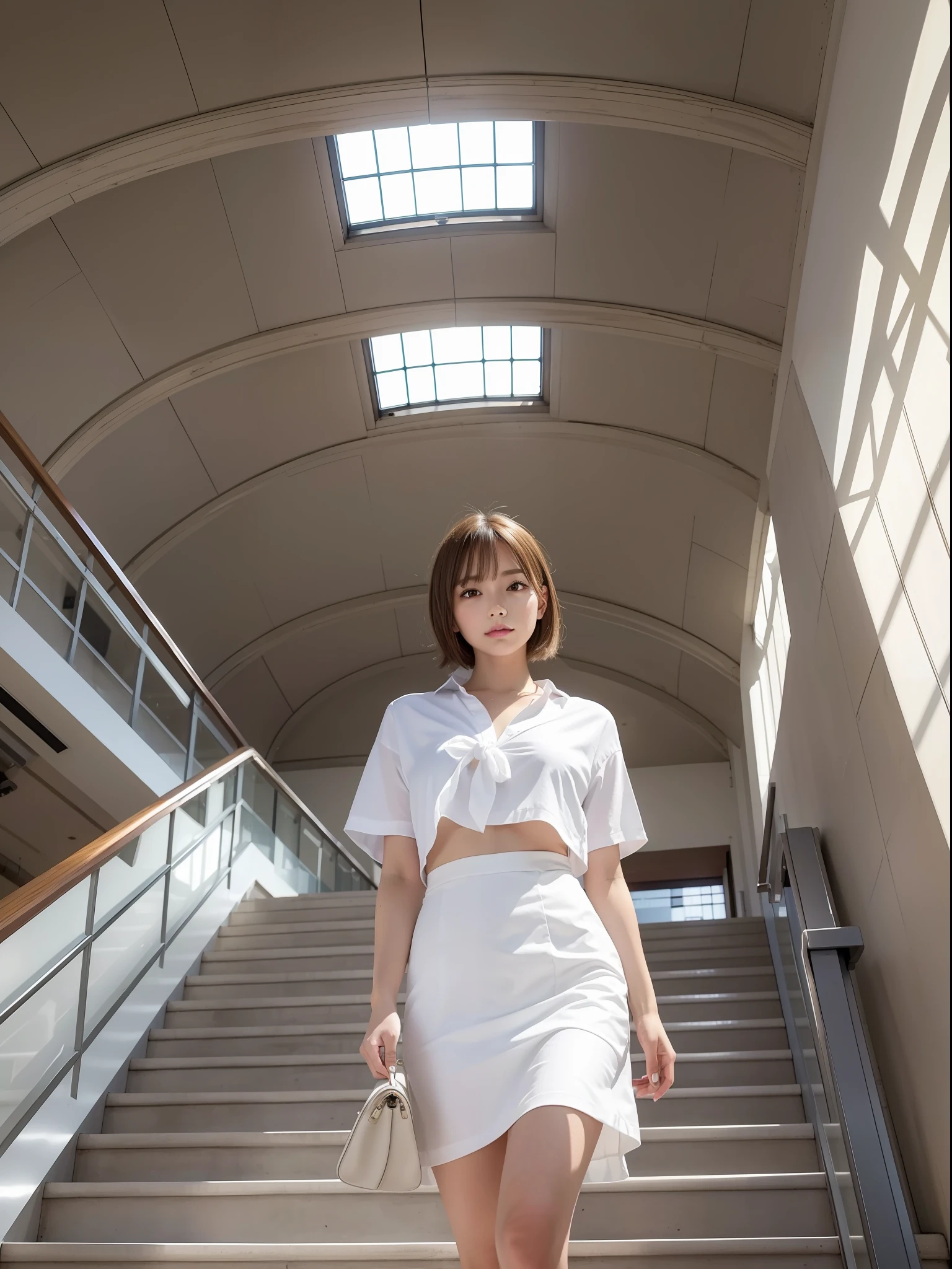 ((Best quality, 8k, Masterpiece: 1.3, raw photo)), Sharp focus: 1.2, (1 AESPA girl: 1.1), (realistic, photo-realistic:1.37), face focus, cute face, small breasts, flat chest, brunette short messy hair, walking down stairs, white clothes, business skirt, train station, terminal, sunlight, cinematic lighting, from below