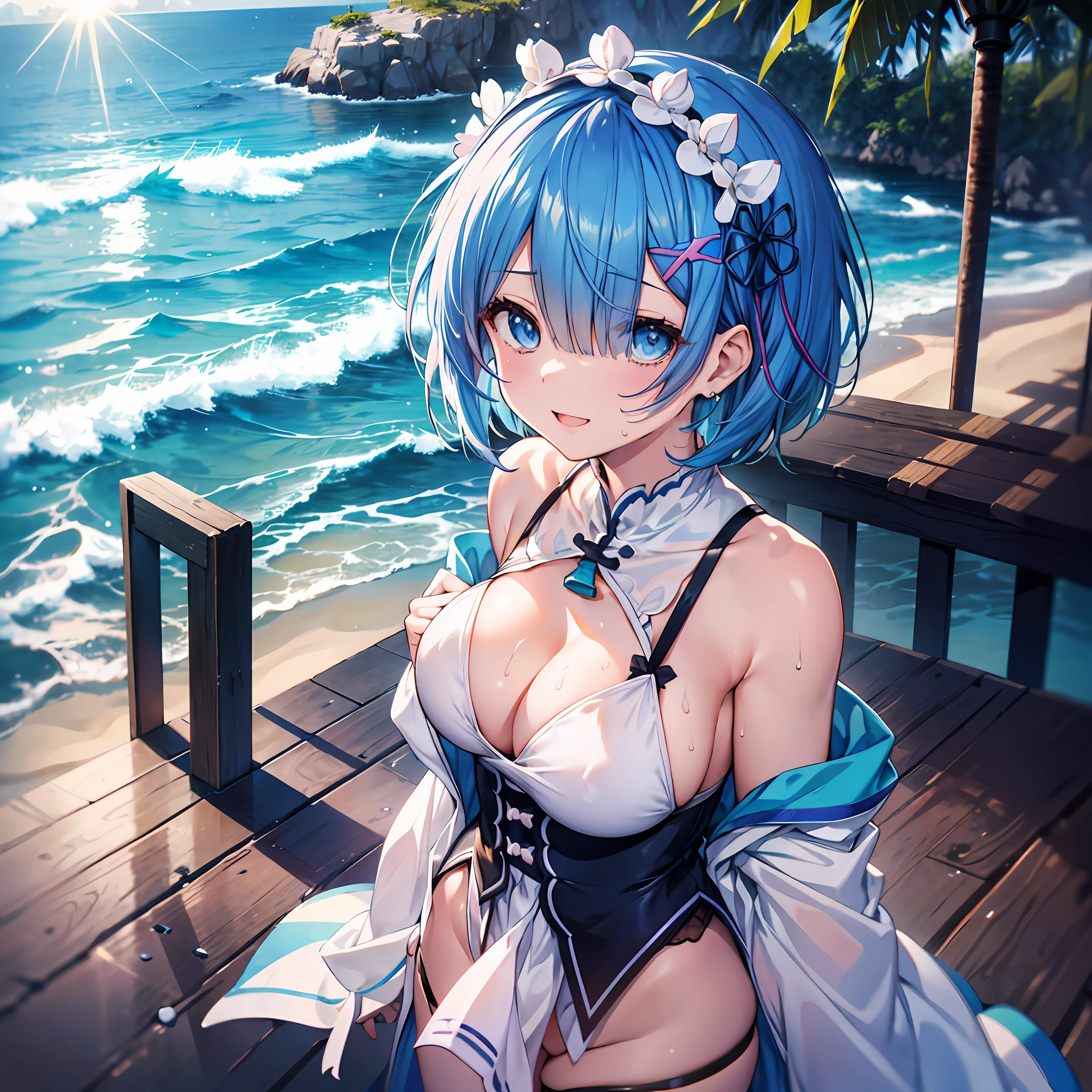 absurdres, highres,
BREAK
looking at viewer, cowboy shot, (from above:1.5)
BREAK
(vivid-color:1.3)
BREAK
(one girl:1.3), (:1.2), rem_(re:zero), (re:zero kara hajimeru isekai seikatsu:1.5), (blue hair:1.5), (blue eyes:1.5), (hair over one eye:1.8), (upturned eyes, smile:1.2), hairclip, earrings, jewelry, nm1, ribon, (short hair:1.5), (bob cut:1.5), (black strings bikini:1.2),　(White fluid on the body:1.4), (thighs:1.3),  (huge breasts, cleavage:1.3), (breasts focus, milk drip on breasts:1.3), (put a stick between one's breasts:1.3), (smile face:1.3), open mouth, (breast:1.3), round eyes, (cum in breasts:1.2), (blowing in the wind:0.5), (sweat around girl, dripping sweat:1.3), squall (wind:1.2), sense of speed, refreshing breeze, motion blur effect, wind
BREAK
background is (beach:1.3), (Stand in the center of the screen:1.3), outdoors, wind
BREAK
sunlight, magnificent view, light particles, dynamic angle, dutch angle, perspective
BREAK
(daytime, sunbeam:1.2), depth of field, bokeh, light leaks, (chromatic aberration:1.2), noon
BREAK