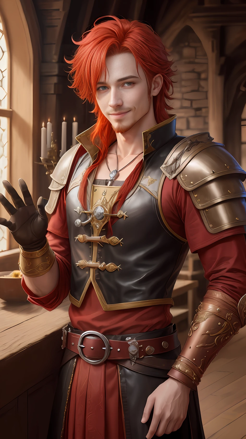 human, messy red hair, goatee on chin, dnd, bard, lute, ornate clothes, hand restoration, detached hands, rebirth, human, smiling, blinking an eye, fantasy style, 4k, 8k, male, tall, leather armor