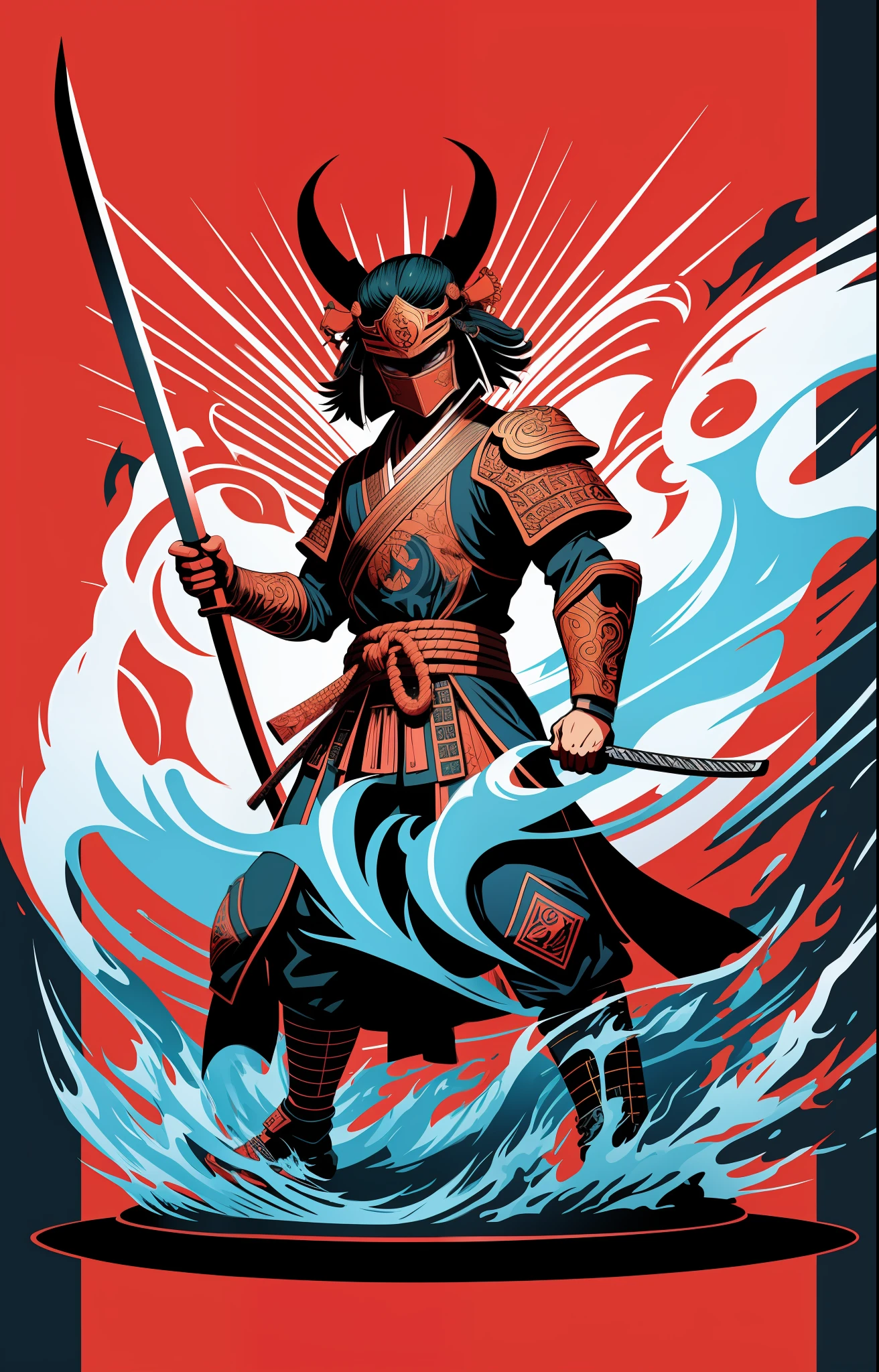 [Full body figure of samurai with Japan sword] Logo masking style illustration, Dan Mumford, Greg Lutkowski, James Jean, black background, fantasy art, mysterious, realistic, majestic, rich vivid colors, high contrast, seamless water brand, art station, deviant art, dribbling, red bubble, tea public, Sharp focus, simple, hyper detail, detailed drawing, vectorization, outline, isometric style, 8k.