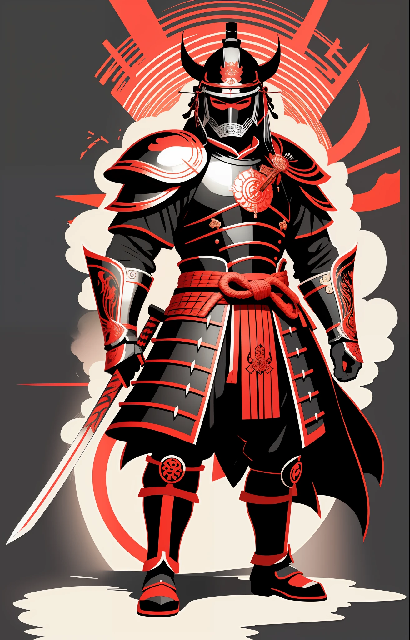 [Full body figure of samurai with Japan sword] logo masking style illustration, Dan Mumford, Greg Lutkowski, James Jean, Sanada Yukimura, Oda Nobunaga, black background, armor helmet, realistic, majestic, rich vivid colors, high contrast, seamless water brand, art station, Devian art, dribbling, red bubble, tea public, Sharp focus, simple, hyper detail, detailed drawing, vectorization, outline, isometric style, 8k.