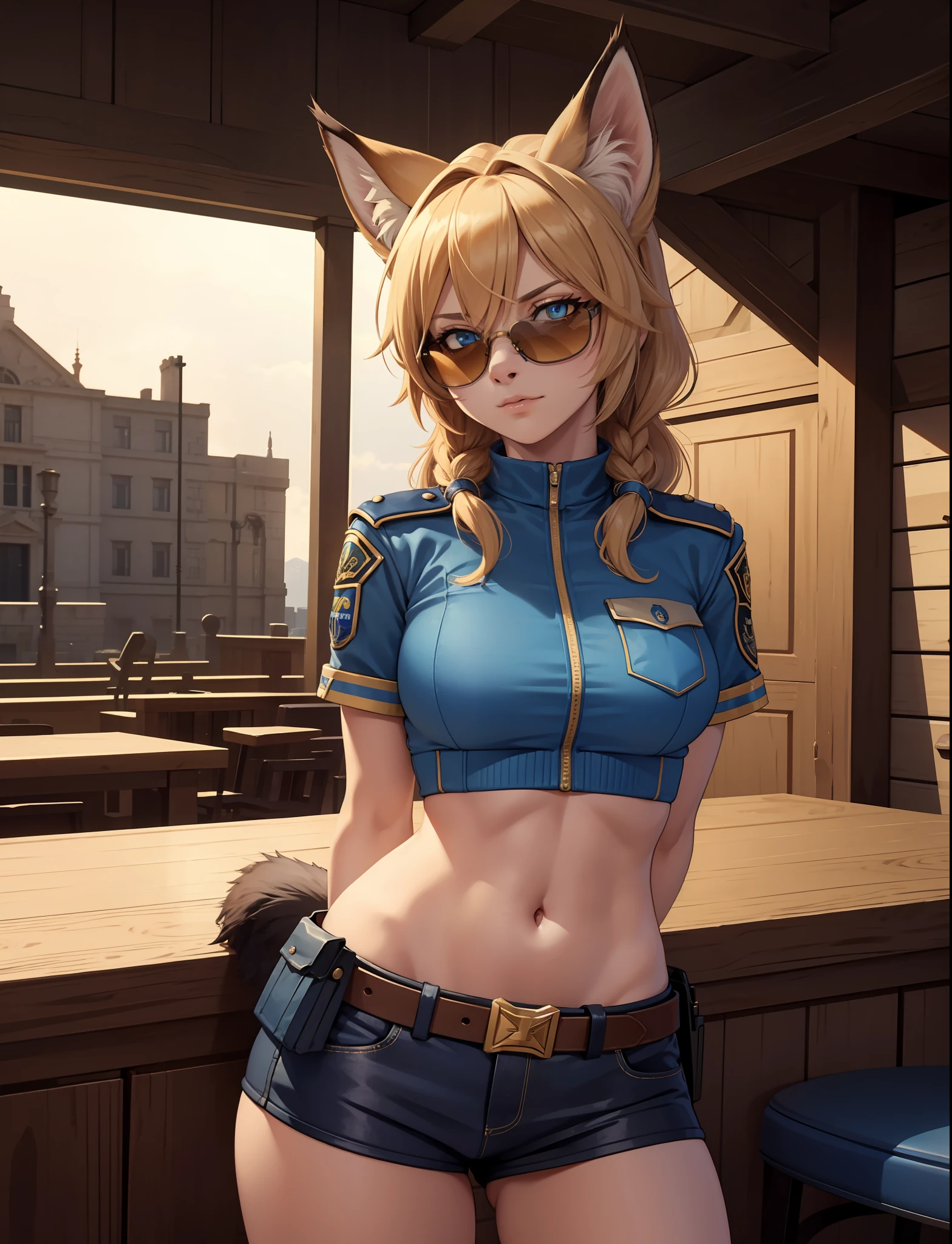 masterpiece, best quality,4k,hdr,perfect lighting,furry female,animal ears,arm behind back,lynx,sheli,cowboy shot
solo,blue police uniform,cinema angle,arm arms behind back, sunglasses, fur,looking at viewerhigh detail fur,animal nose