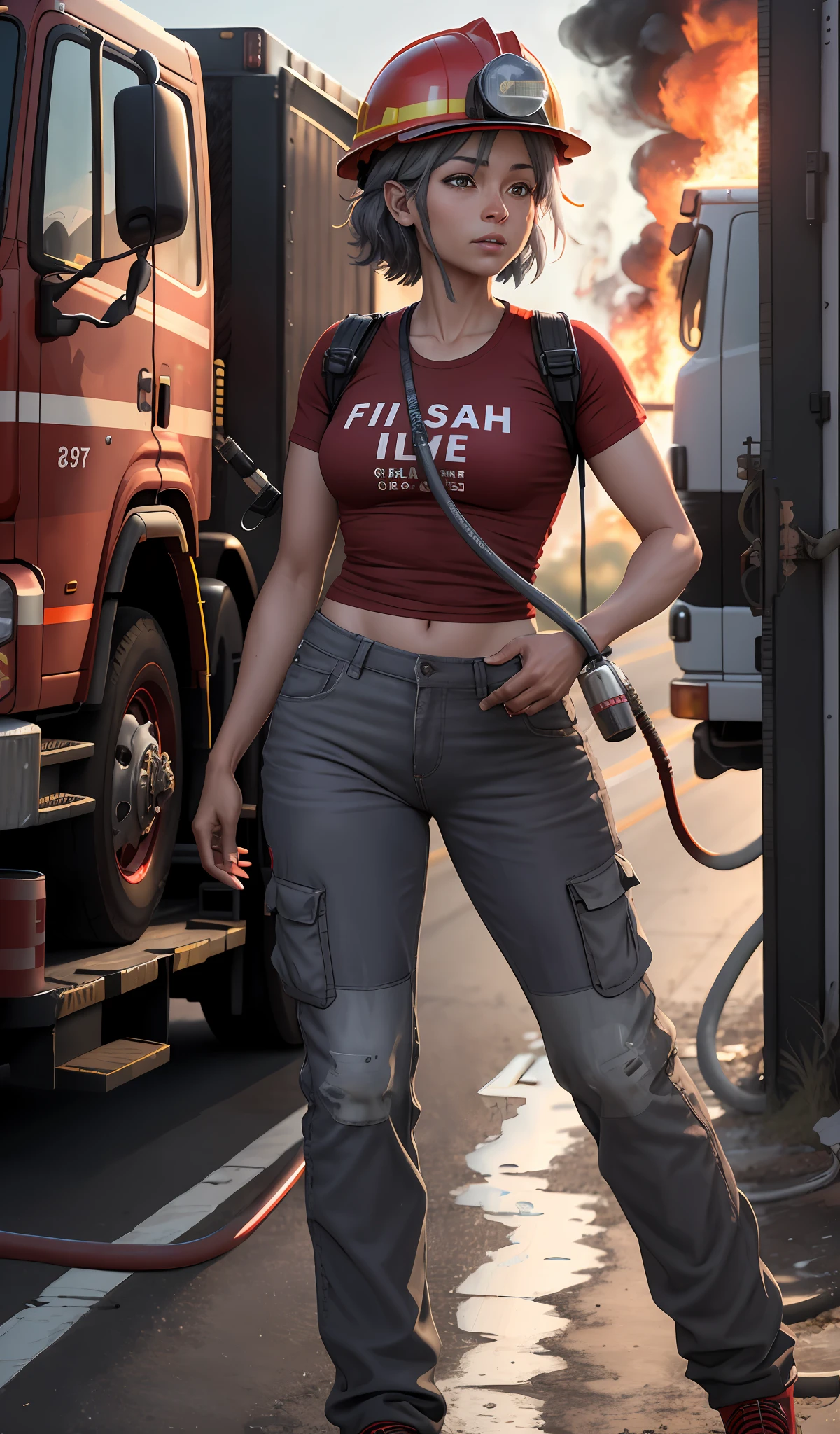 firefighter, realistic, 4k, cinematic, anime, girl, negroide, 35yo,in action,fire,truck,helmet,(red t-shirt) and (grey pants,) hoses and water,smoke