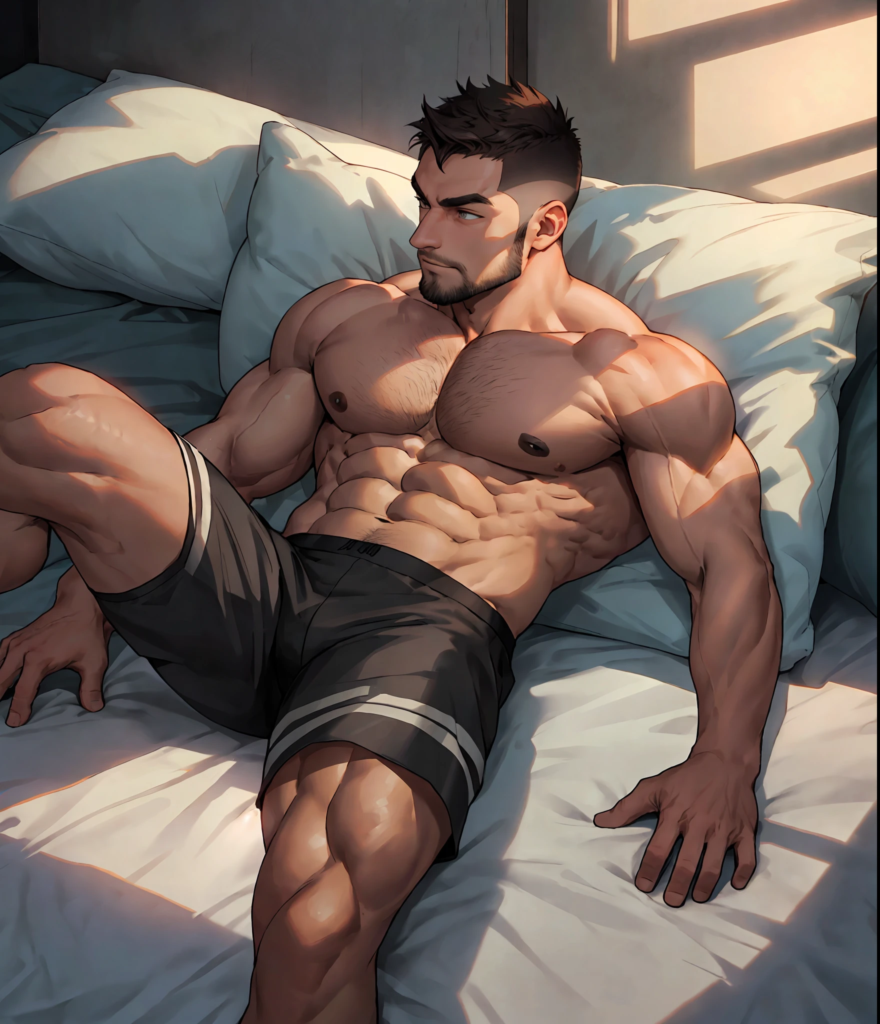 (best quality),(unparalleled physicality),buff and vibrant, chiseled and lean, manly(1 guy),(short brown hair:0.8),(dynamic pose),(volumetric light+Best illumination+Best shadow),8k resolution, laying on black bed, black sheet,