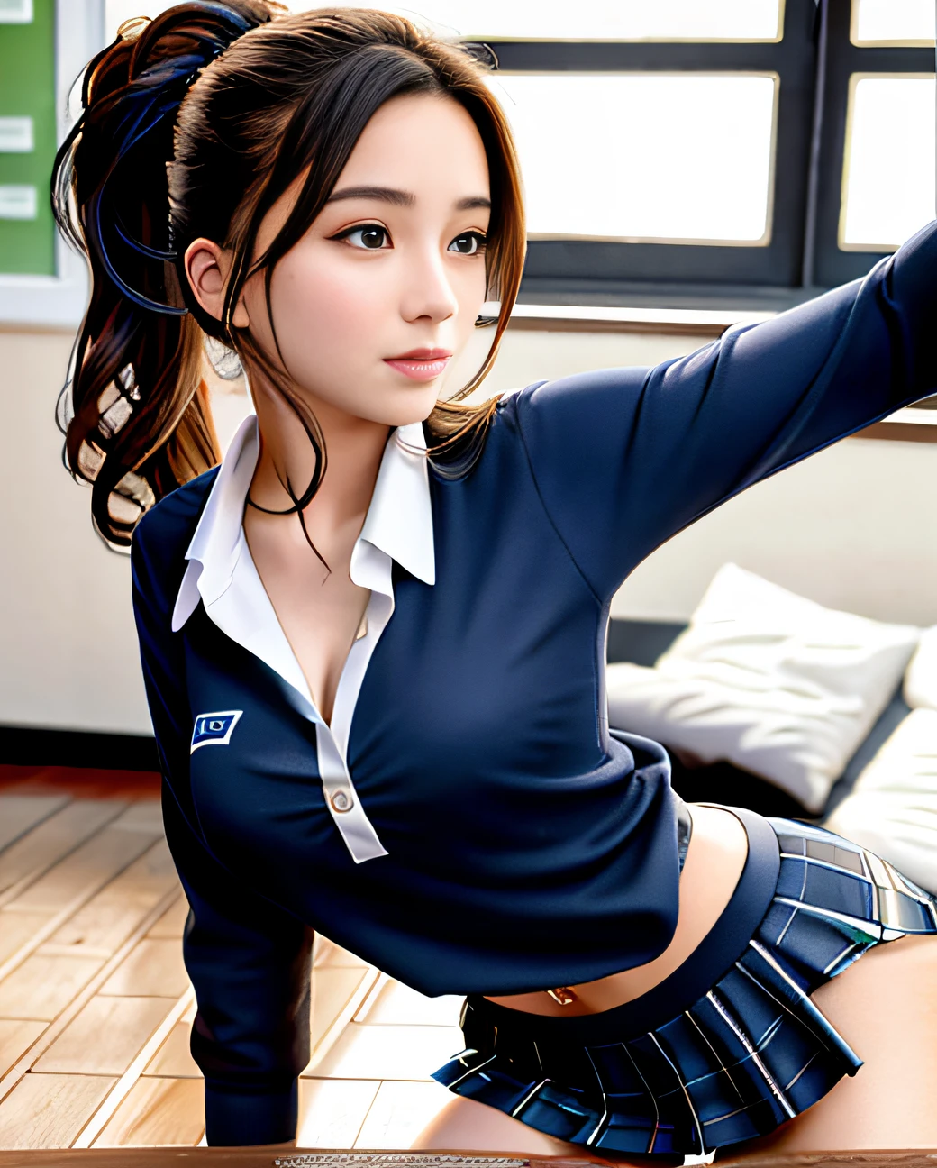 best quality, masterpiece, high_res, 1girl, Beautiful face, photo realistic, rim lighting, (high detailed skin:1.2), 8k uhd, dslr, high quality, high resolution, 4k, 8k, Bokeh, medium breasts, absurdres, ponytail contorted, best ratio four finger and one thumb, school girl sport uniform, soaked shirt, braless, no underwear,