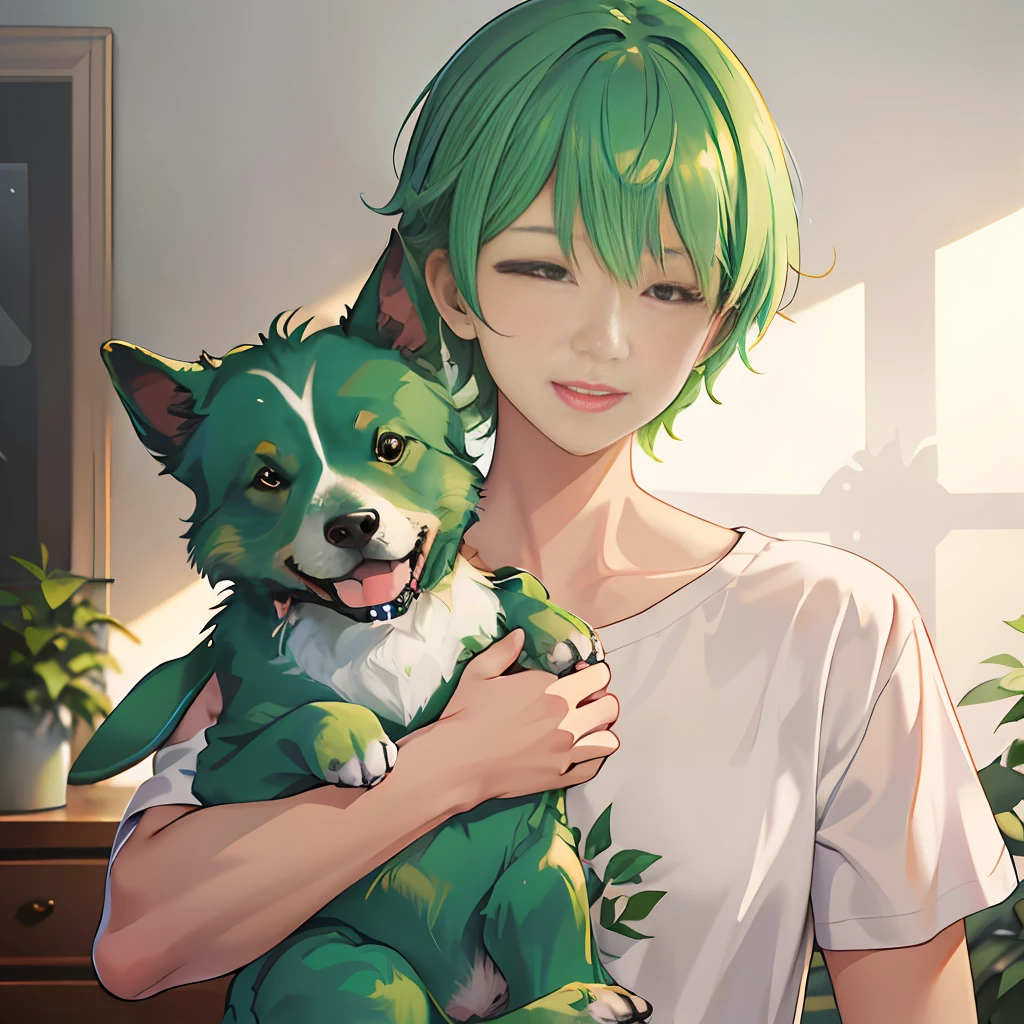 1girl, hugging, dog, kneeling, closed eyes, :d, akko,